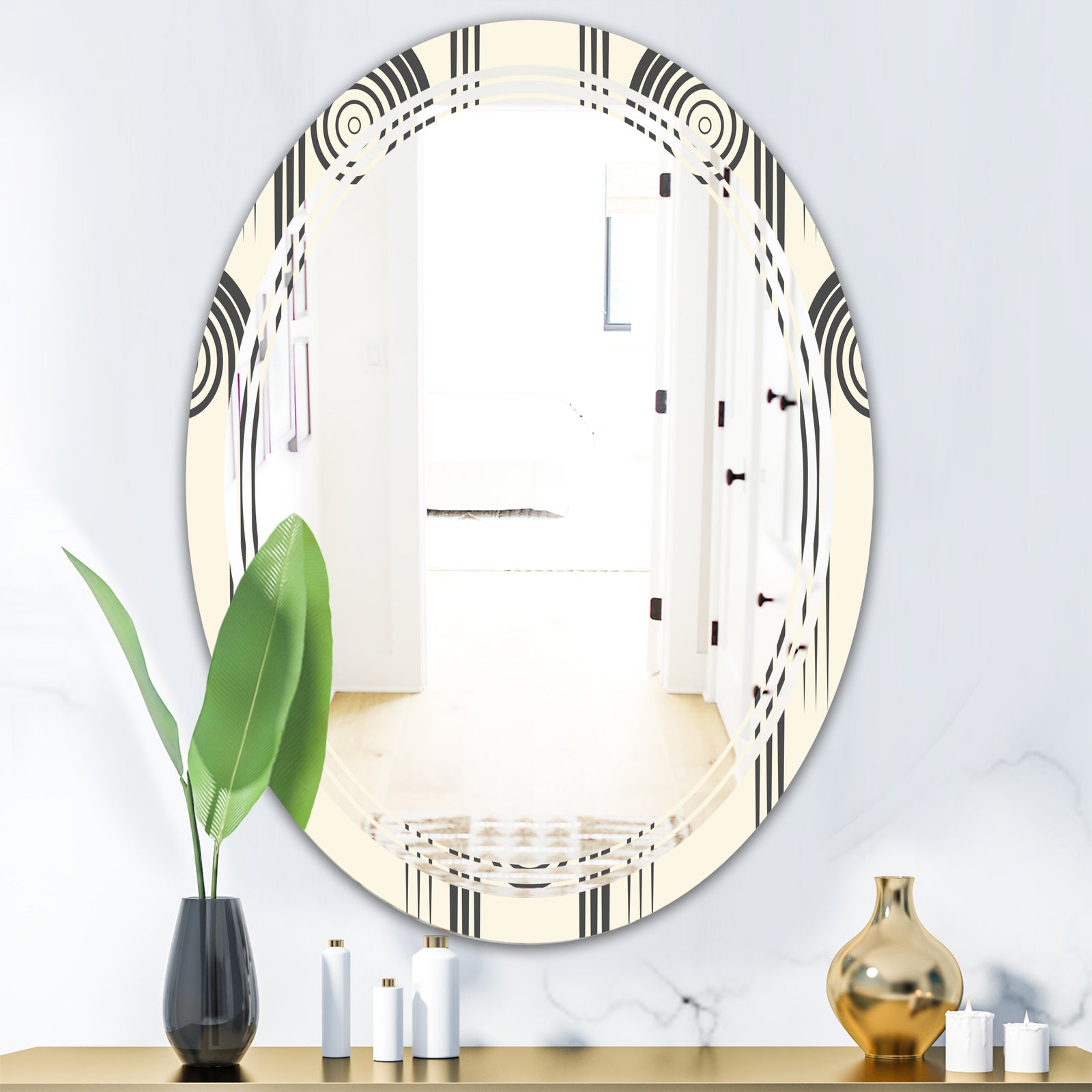 Retro Curved Minimal Geometric Ornament II - Modern Round or Oval Wall Mirror - Triple C