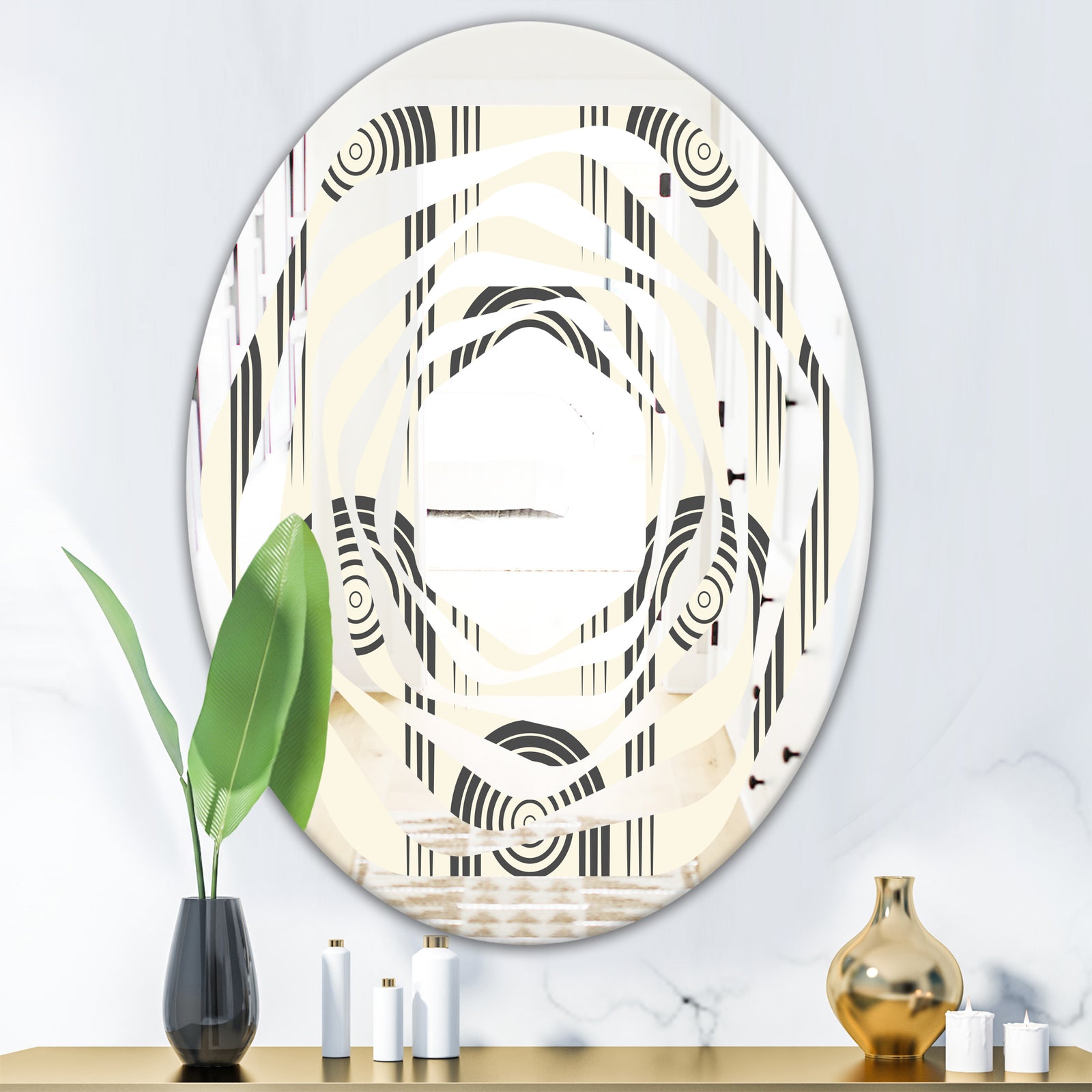 Retro Curved Minimal Geometric Ornament II - Modern Round or Oval Wall Mirror - Whirl