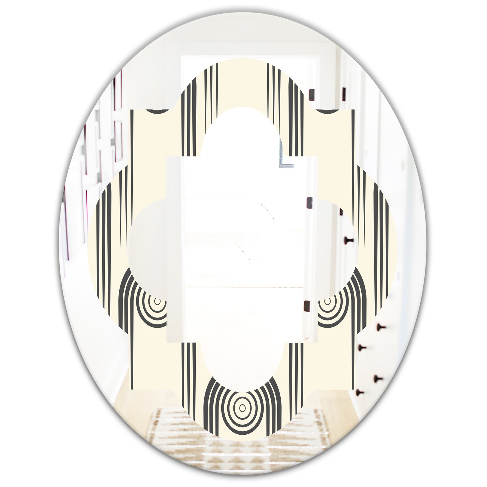 Retro Curved Minimal Geometric Ornament II - Modern Round or Oval Wall Mirror - Quatrefoil