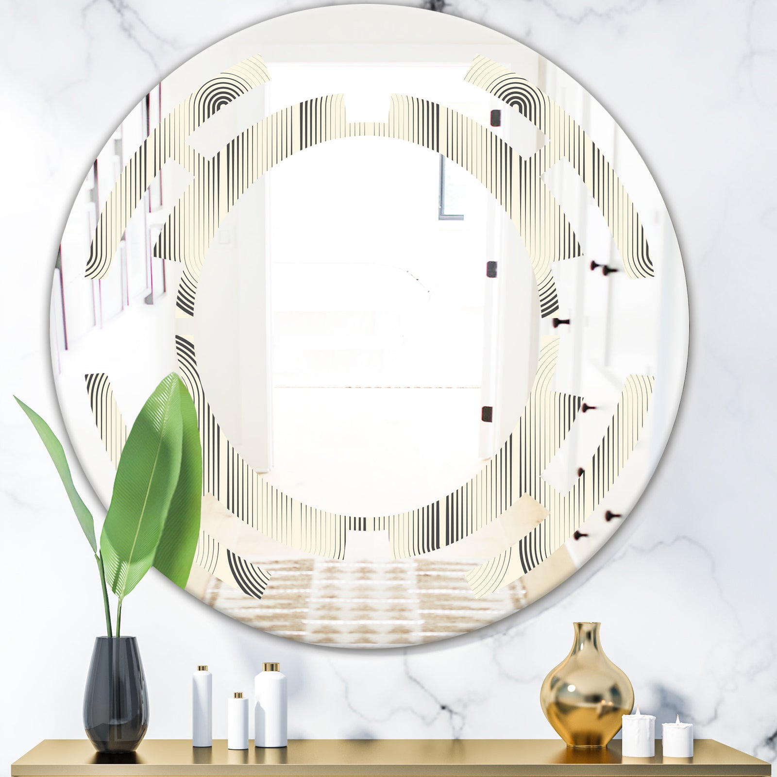 Retro Curved Minimal Geometric Ornament I - Modern Round or Oval Wall Mirror - Space