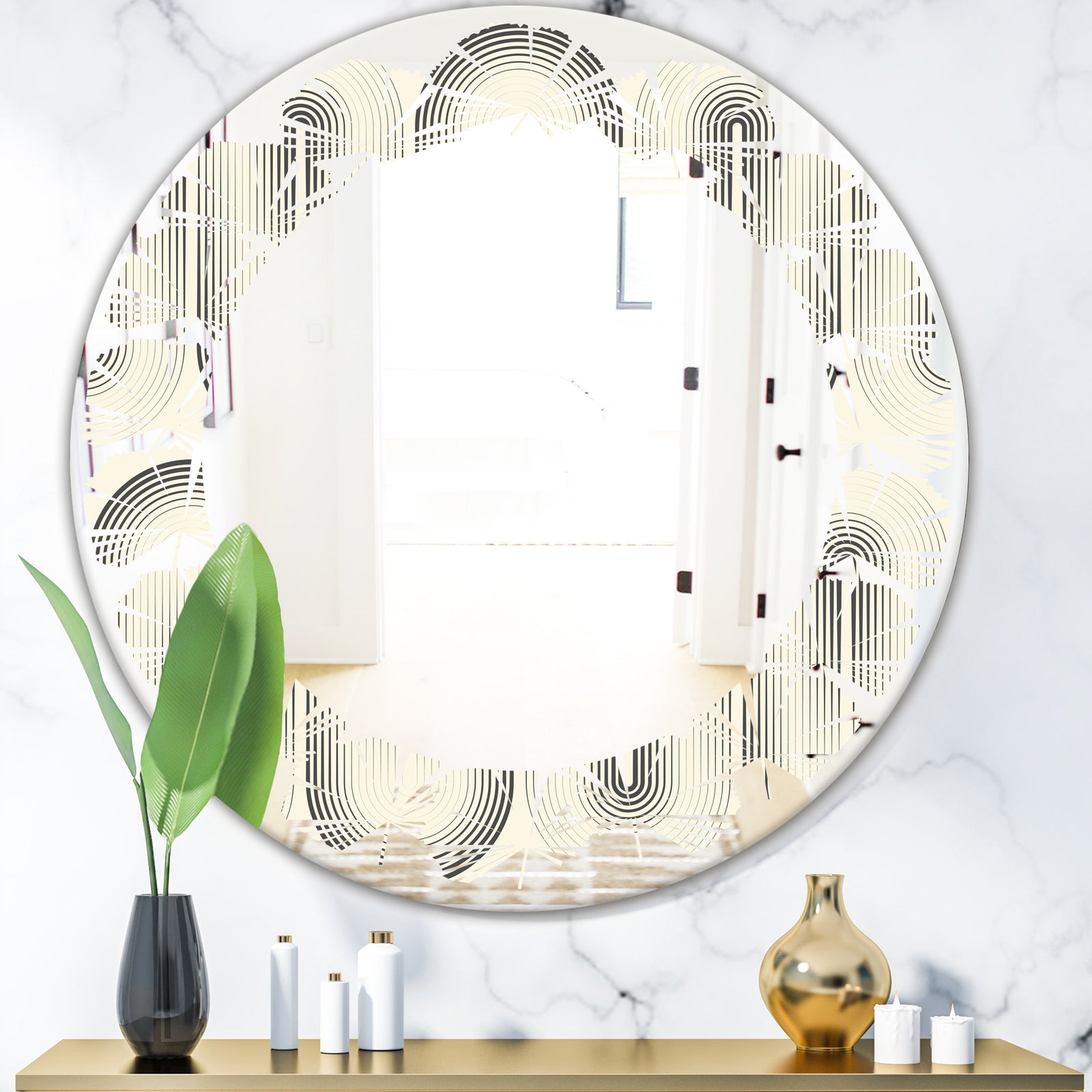 Retro Curved Minimal Geometric Ornament I - Modern Round or Oval Wall Mirror - Leaves