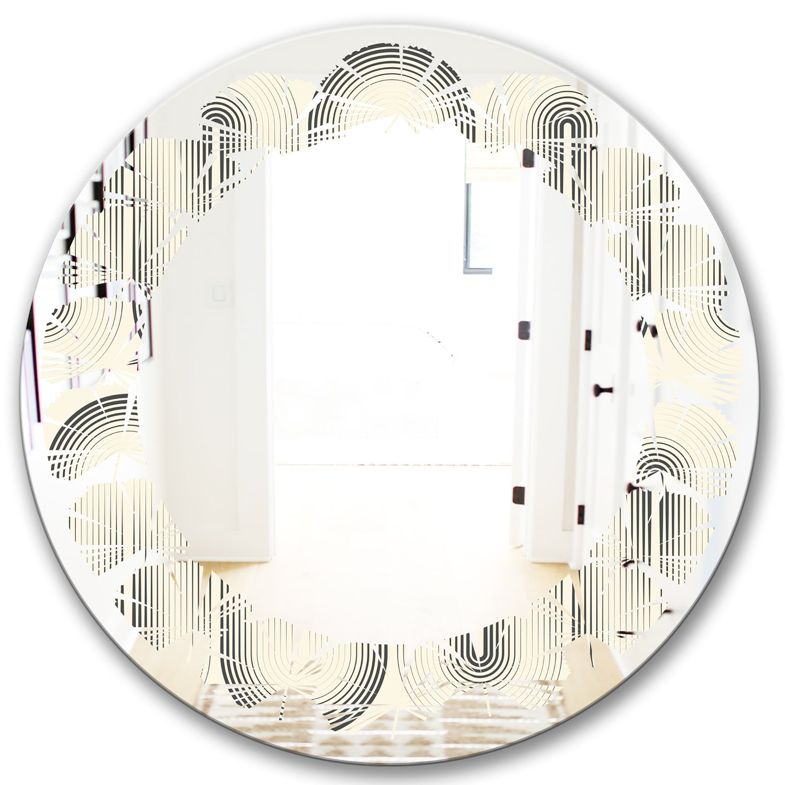 Retro Curved Minimal Geometric Ornament I - Modern Round or Oval Wall Mirror - Leaves