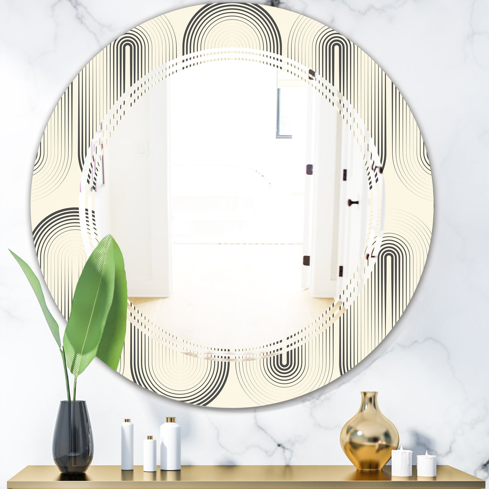 Retro Curved Minimal Geometric Ornament I - Modern Round or Oval Wall Mirror - Triple C