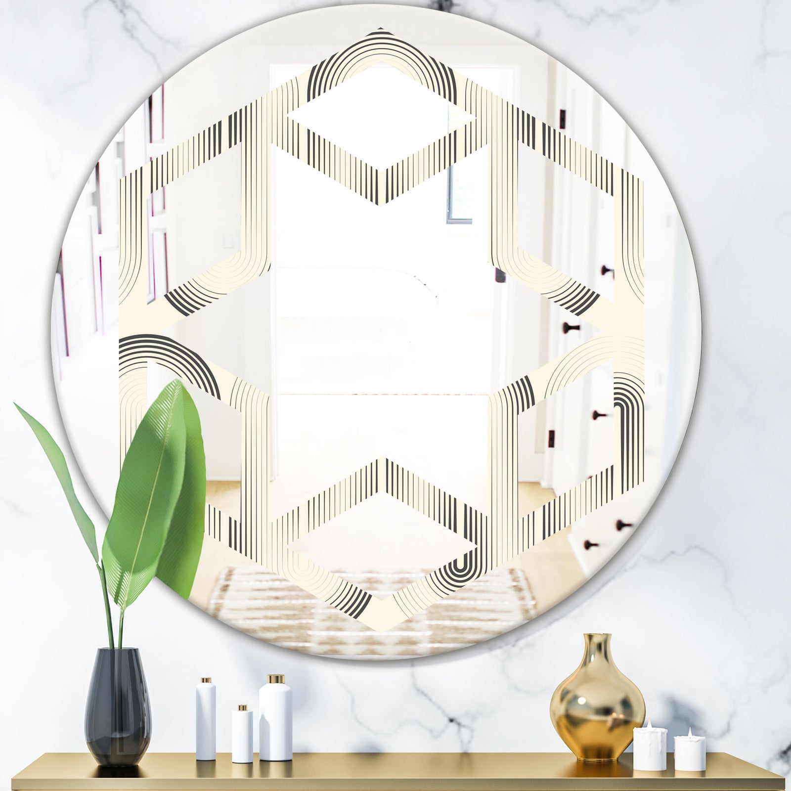 Retro Curved Minimal Geometric Ornament I - Modern Round or Oval Wall Mirror - Hexagon Star