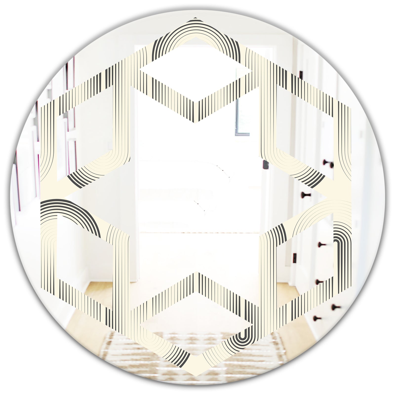 Retro Curved Minimal Geometric Ornament I - Modern Round or Oval Wall Mirror - Hexagon Star