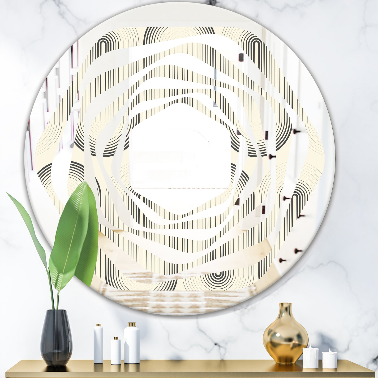 Retro Curved Minimal Geometric Ornament I - Modern Round or Oval Wall Mirror - Whirl
