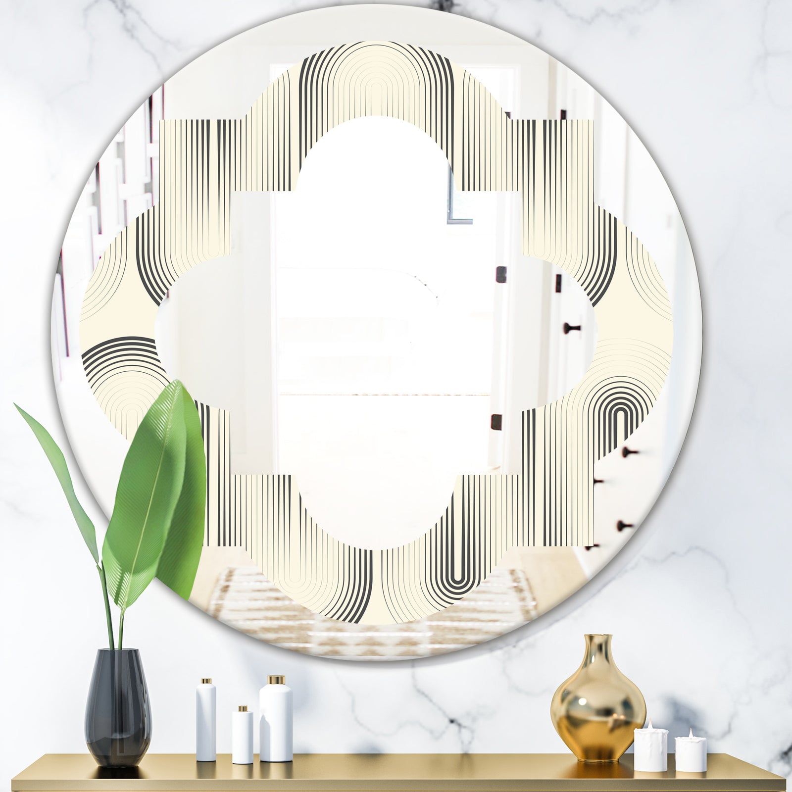 Retro Curved Minimal Geometric Ornament I - Modern Round or Oval Wall Mirror - Quatrefoil