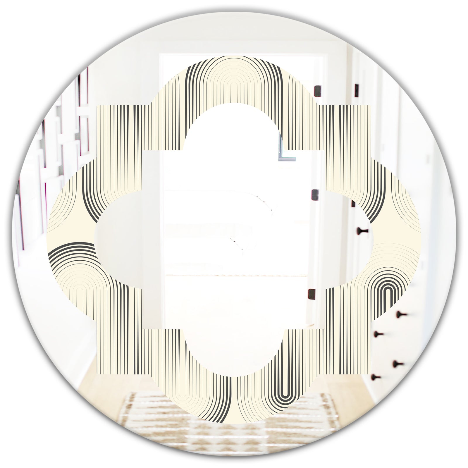 Retro Curved Minimal Geometric Ornament I - Modern Round or Oval Wall Mirror - Quatrefoil