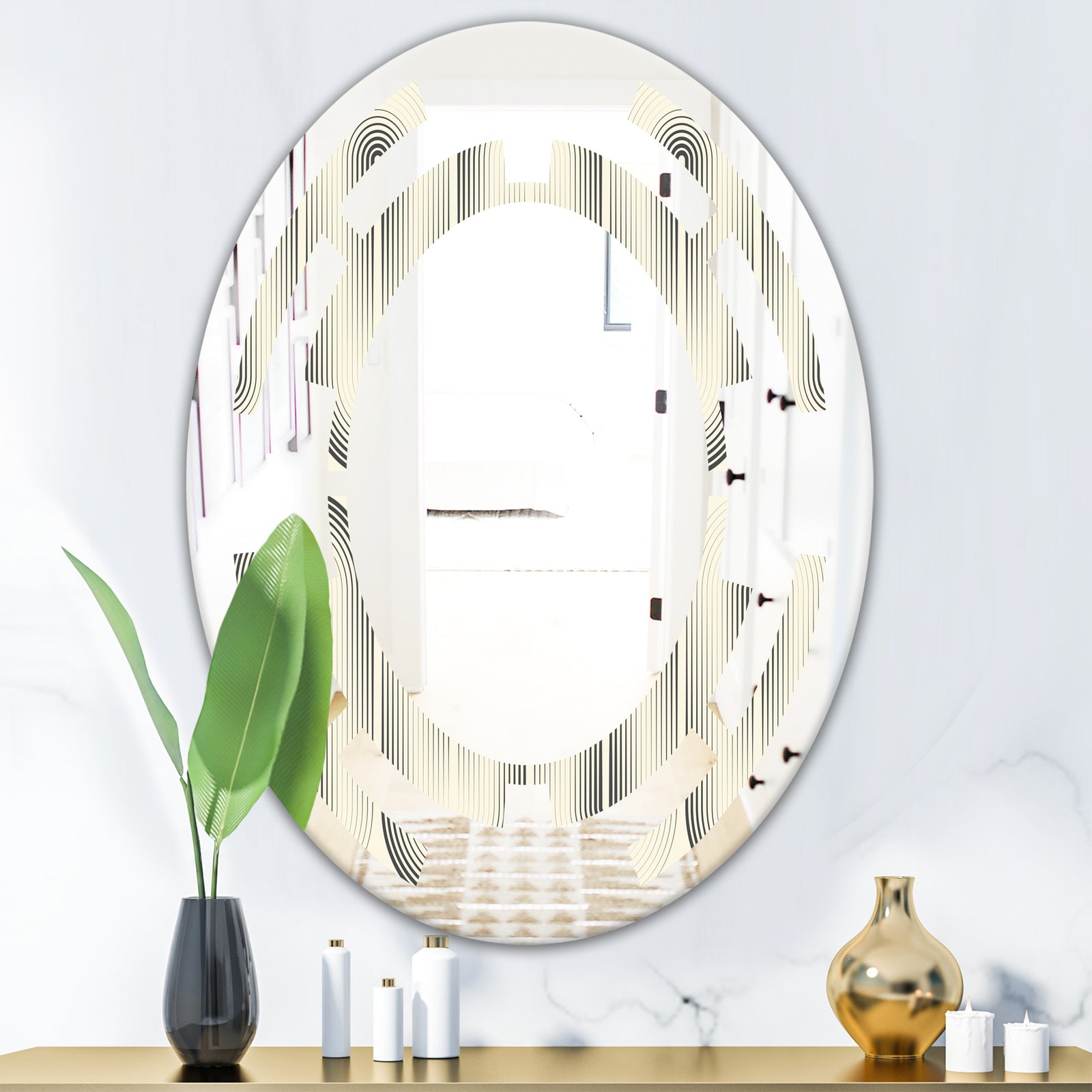 Retro Curved Minimal Geometric Ornament I - Modern Round or Oval Wall Mirror - Space
