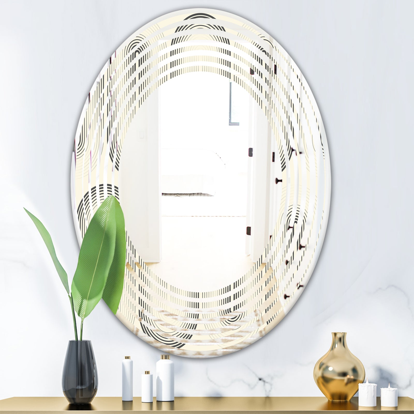 Retro Curved Minimal Geometric Ornament I - Modern Round or Oval Wall Mirror - Wave