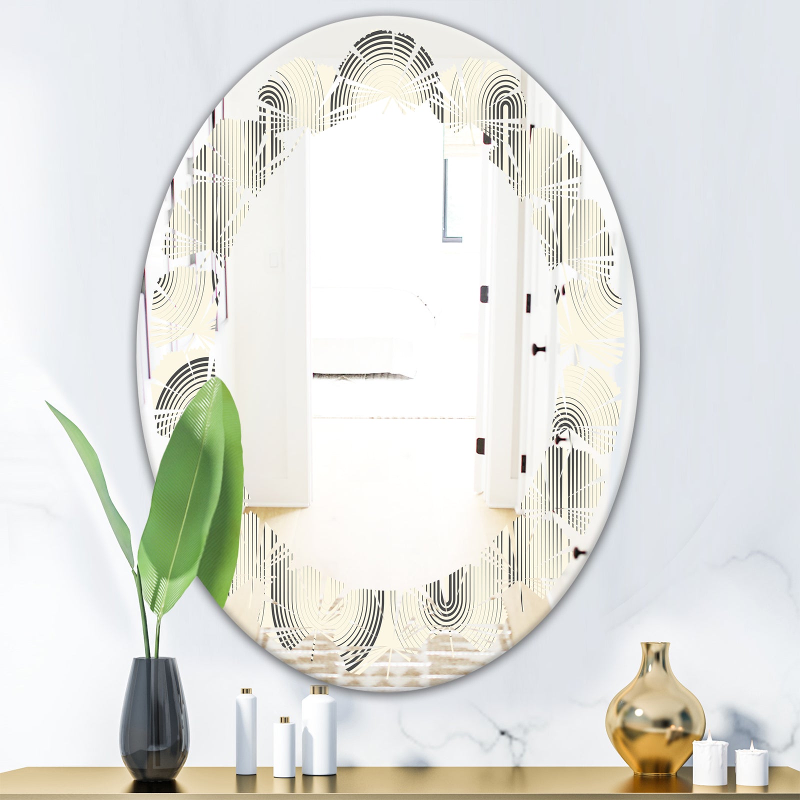 Retro Curved Minimal Geometric Ornament I - Modern Round or Oval Wall Mirror - Leaves