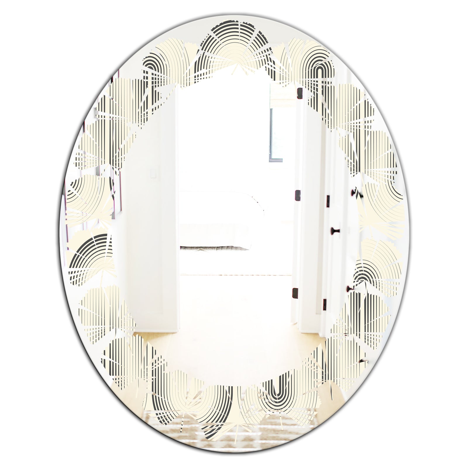 Retro Curved Minimal Geometric Ornament I - Modern Round or Oval Wall Mirror - Leaves