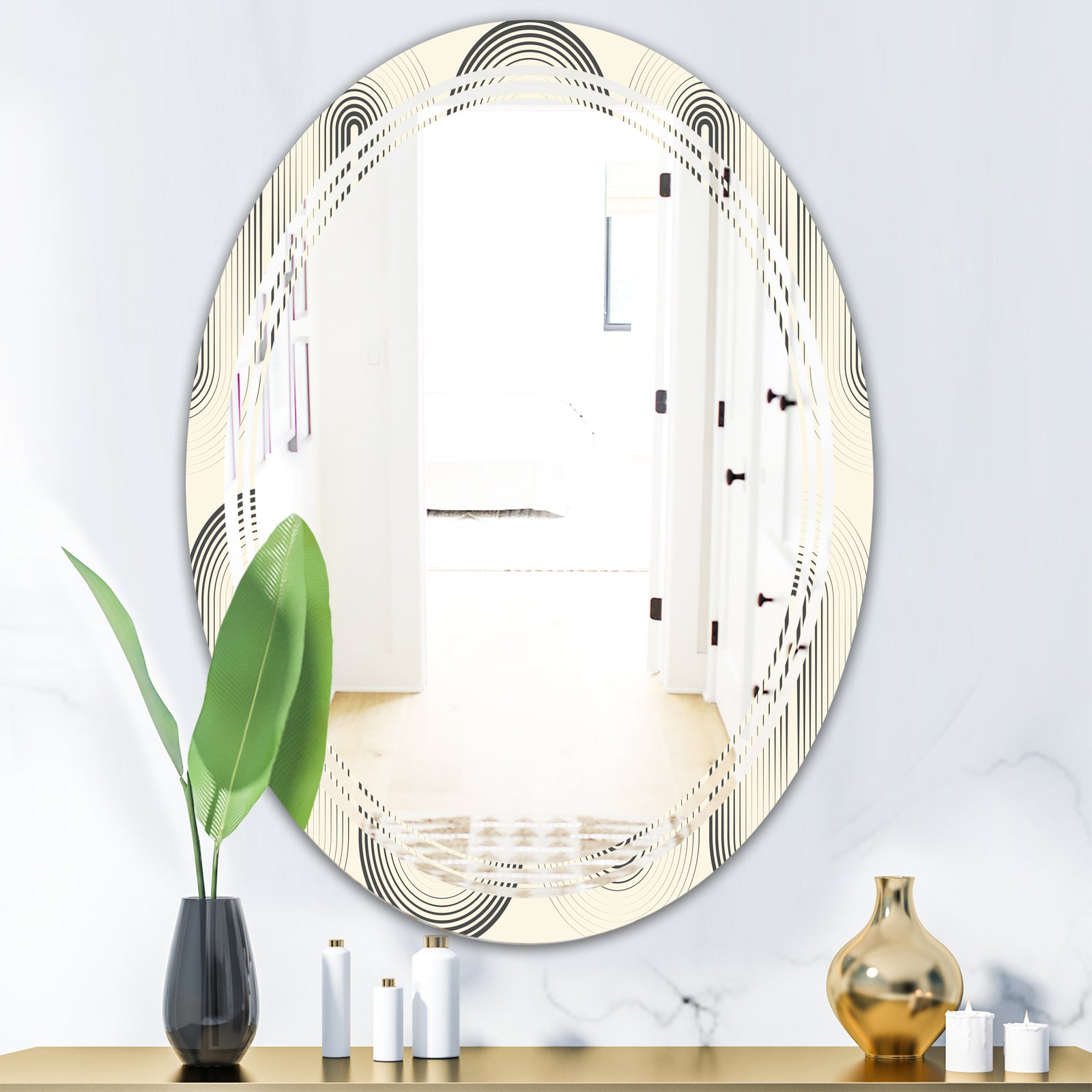 Retro Curved Minimal Geometric Ornament I - Modern Round or Oval Wall Mirror - Triple C