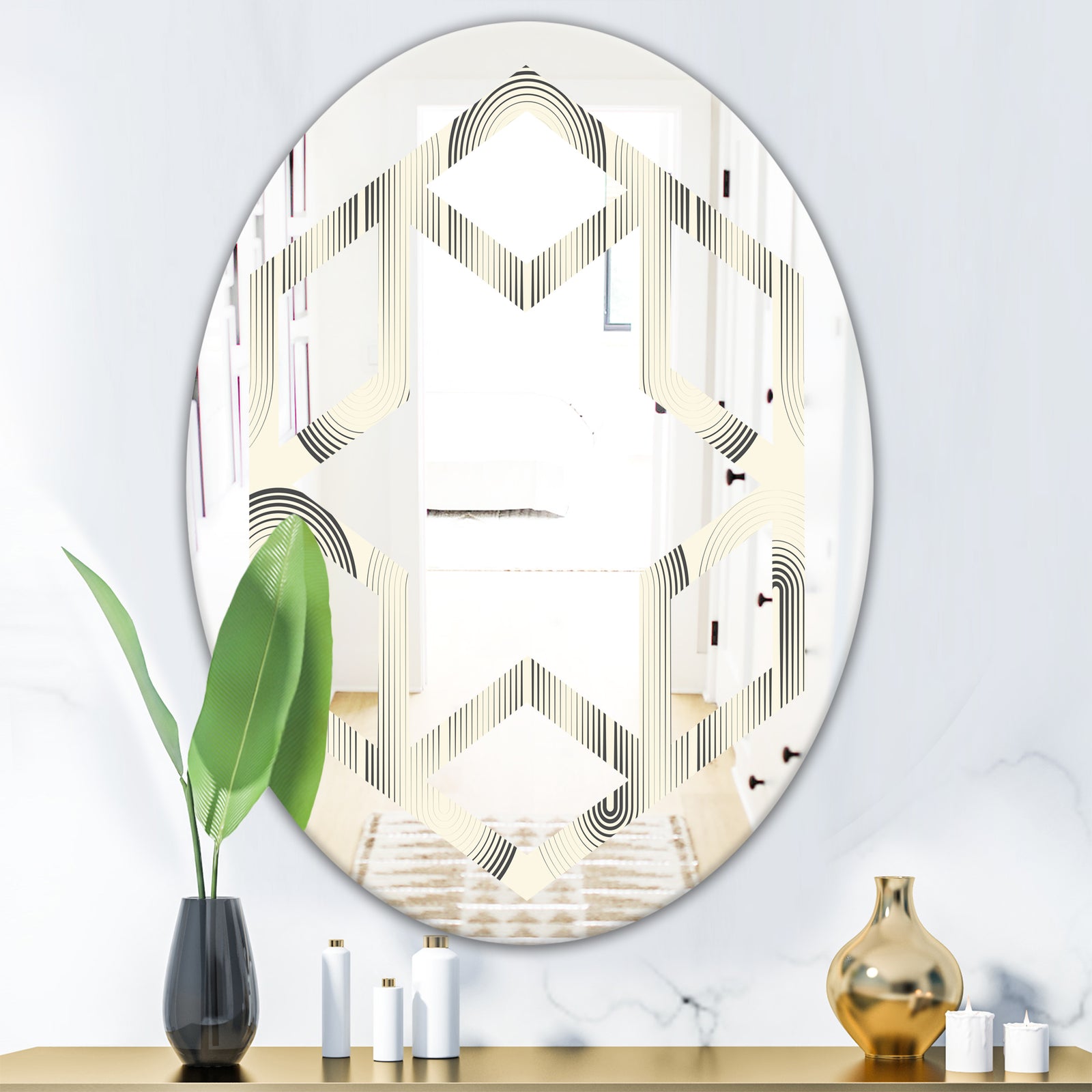 Retro Curved Minimal Geometric Ornament I - Modern Round or Oval Wall Mirror - Hexagon Star