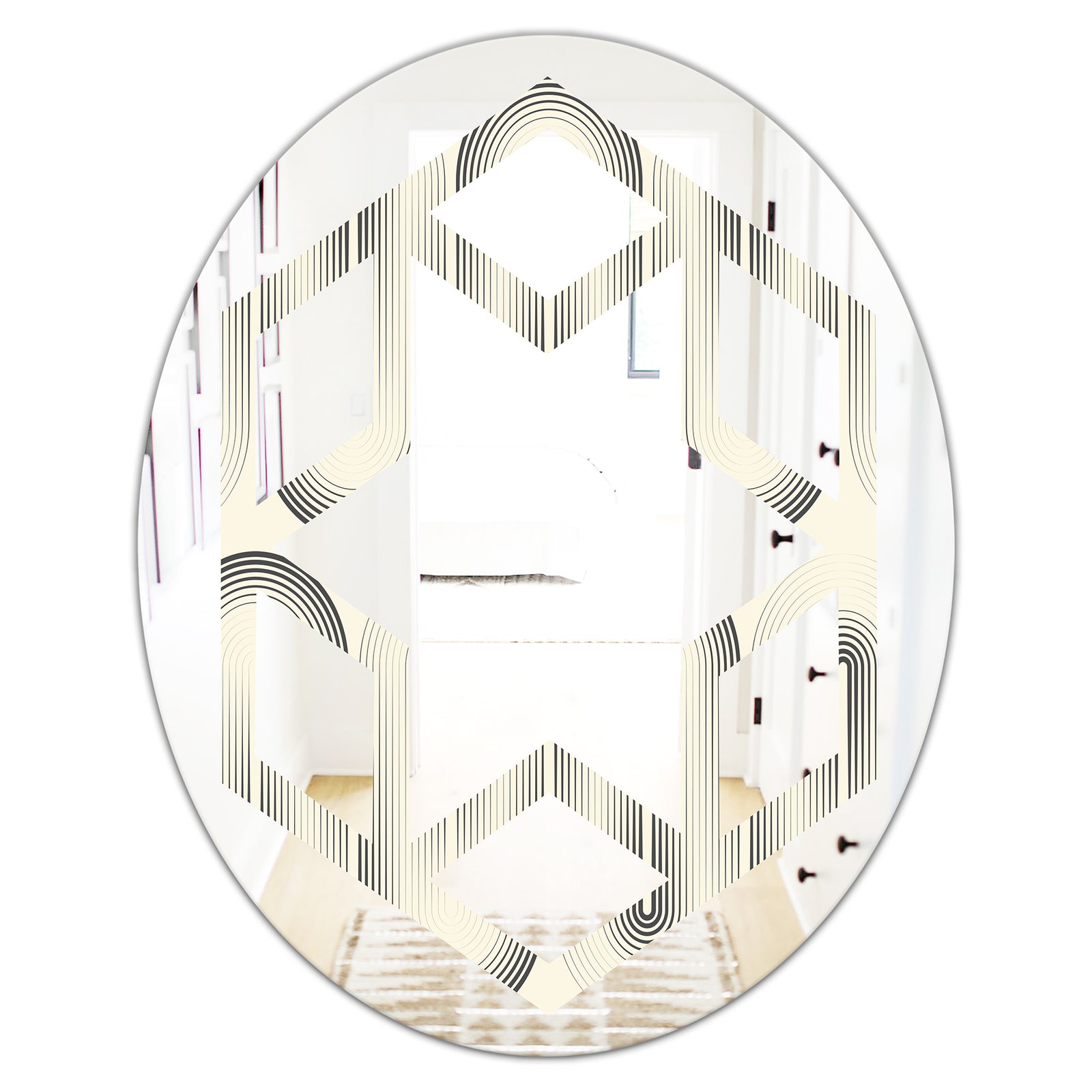 Retro Curved Minimal Geometric Ornament I - Modern Round or Oval Wall Mirror - Hexagon Star