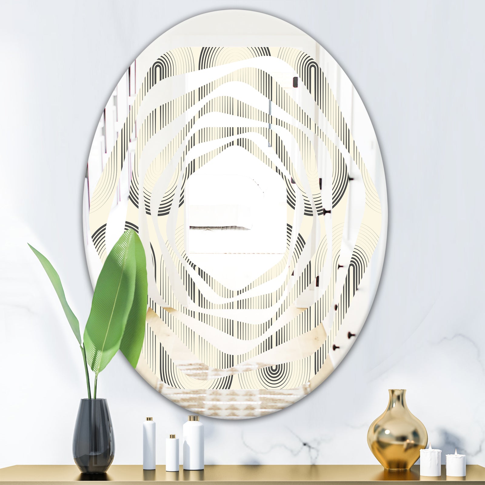 Retro Curved Minimal Geometric Ornament I - Modern Round or Oval Wall Mirror - Whirl
