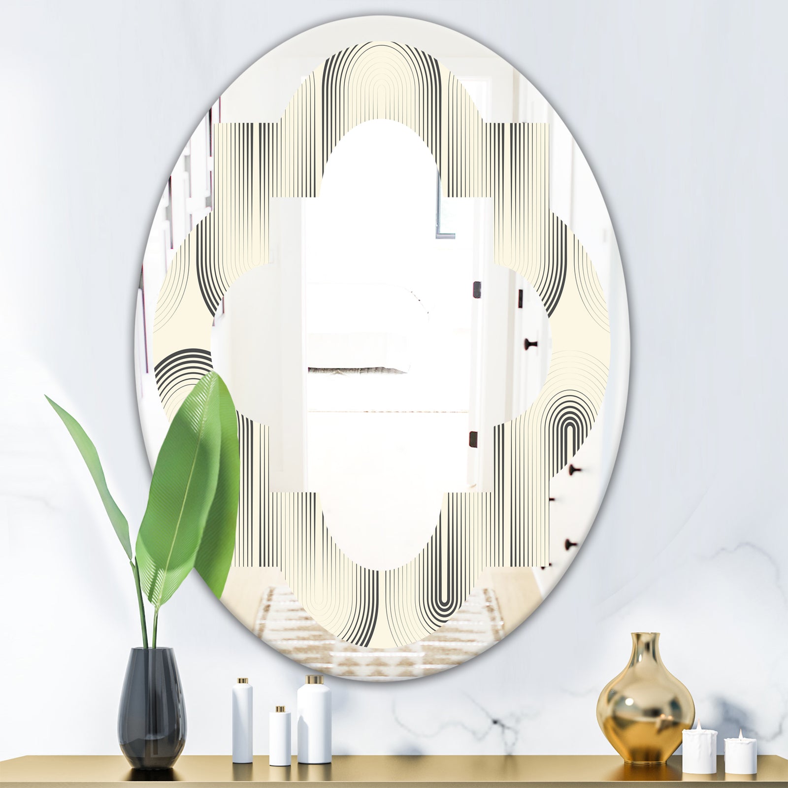 Retro Curved Minimal Geometric Ornament I - Modern Round or Oval Wall Mirror - Quatrefoil