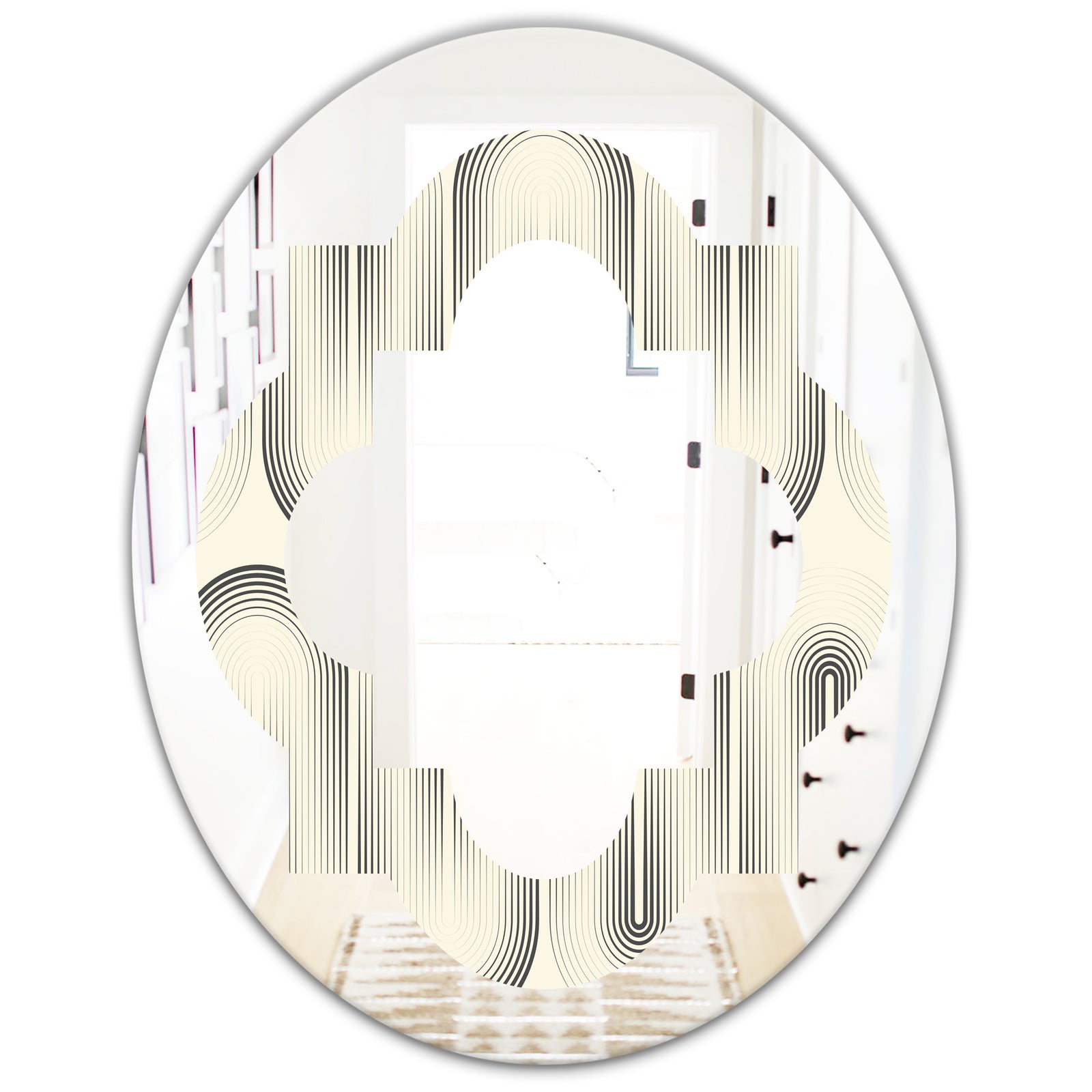 Retro Curved Minimal Geometric Ornament I - Modern Round or Oval Wall Mirror - Quatrefoil