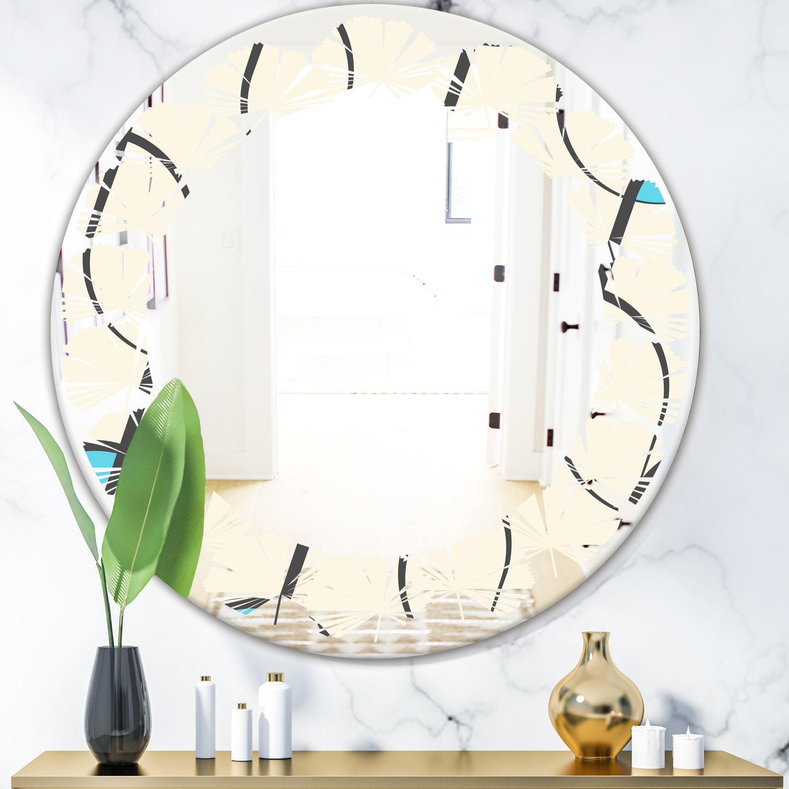 Retro Geometrical Abstract Minimal Pattern I - Modern Round or Oval Wall Mirror - Leaves