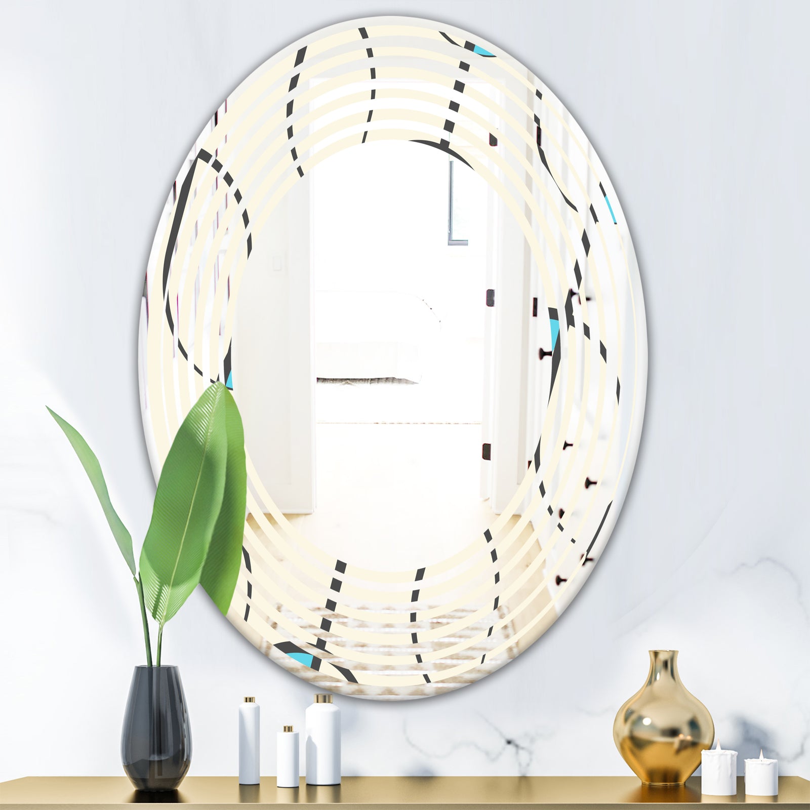 Retro Geometrical Abstract Minimal Pattern I - Modern Round or Oval Wall Mirror - Wave
