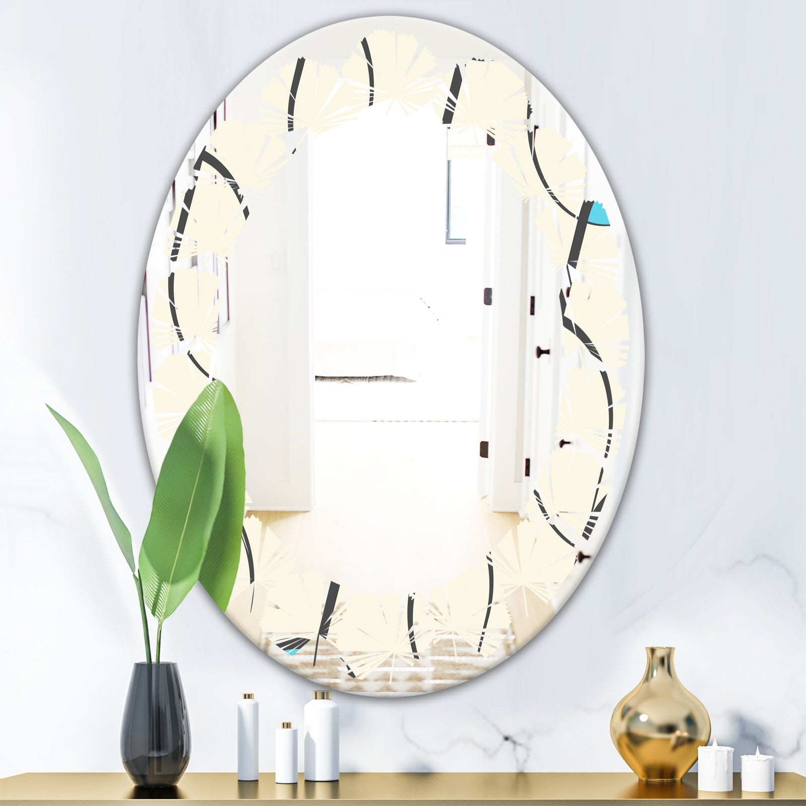 Retro Geometrical Abstract Minimal Pattern I - Modern Round or Oval Wall Mirror - Leaves