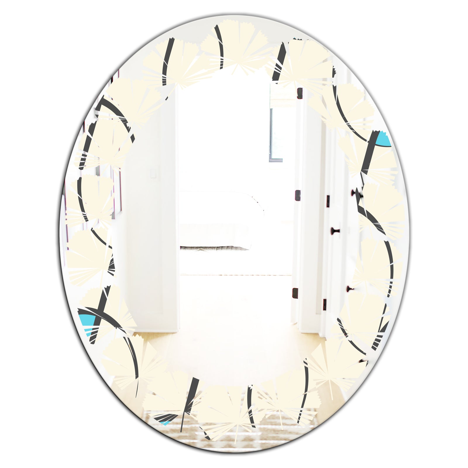 Retro Geometrical Abstract Minimal Pattern I - Modern Round or Oval Wall Mirror - Leaves