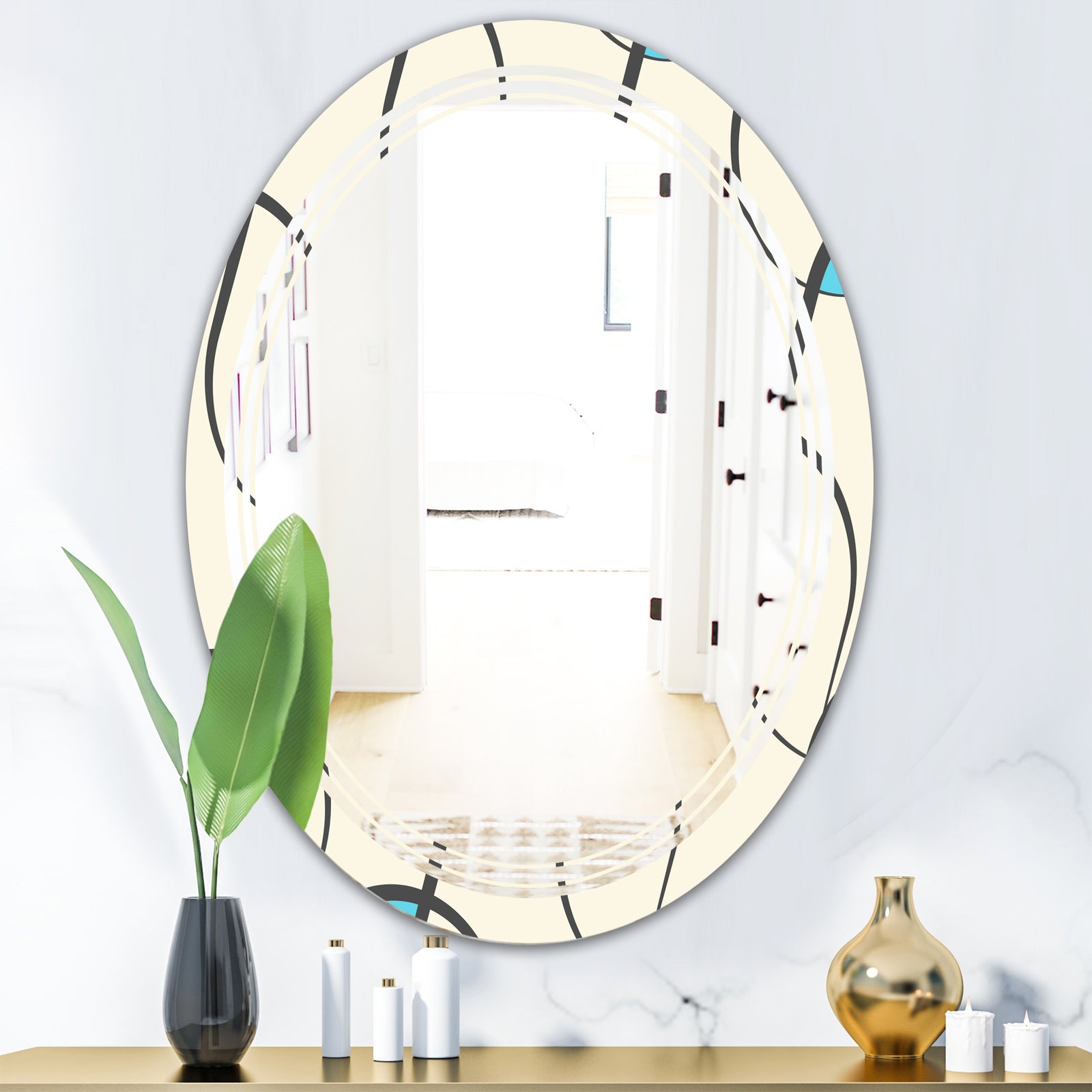 Retro Geometrical Abstract Minimal Pattern I - Modern Round or Oval Wall Mirror - Triple C