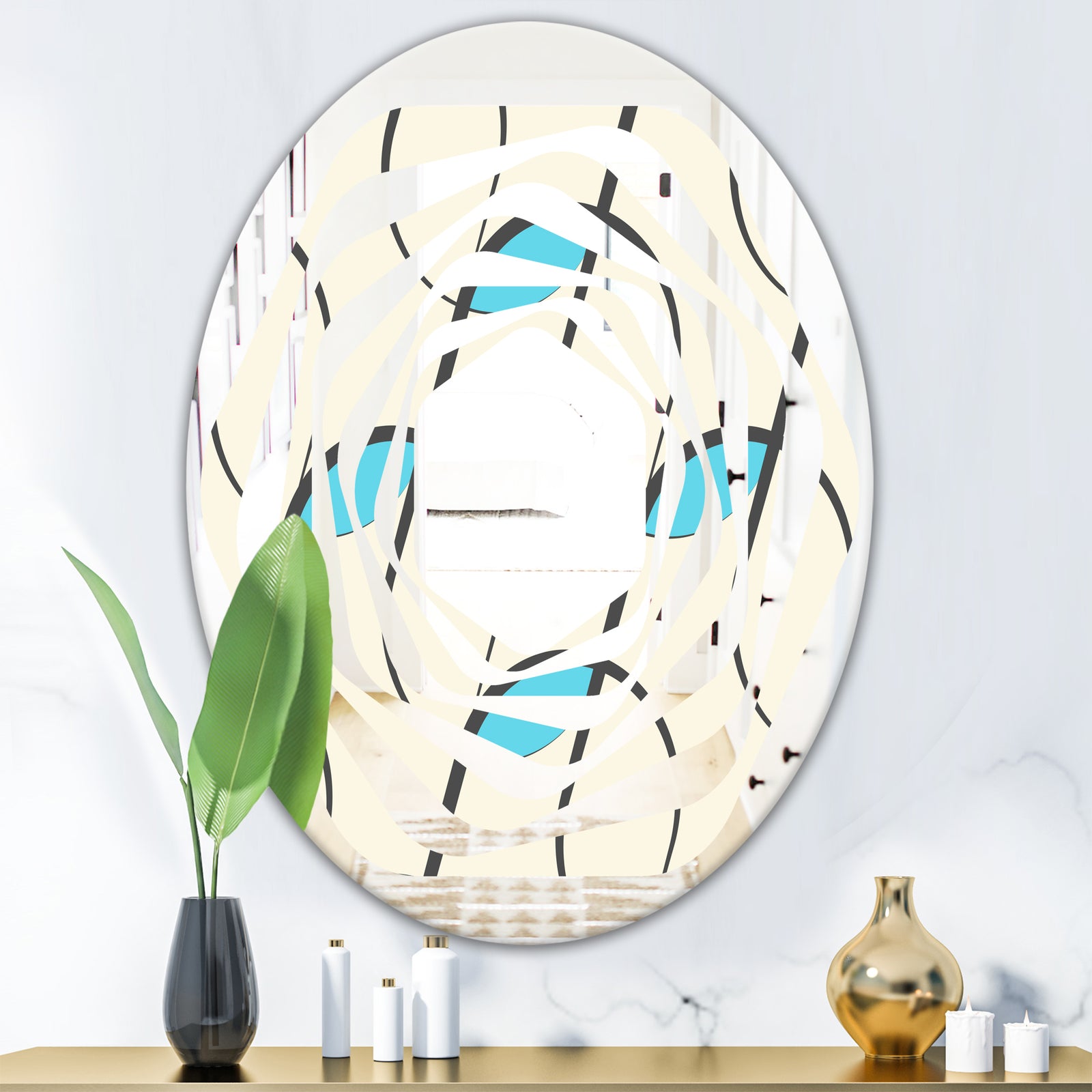 Retro Geometrical Abstract Minimal Pattern I - Modern Round or Oval Wall Mirror - Whirl