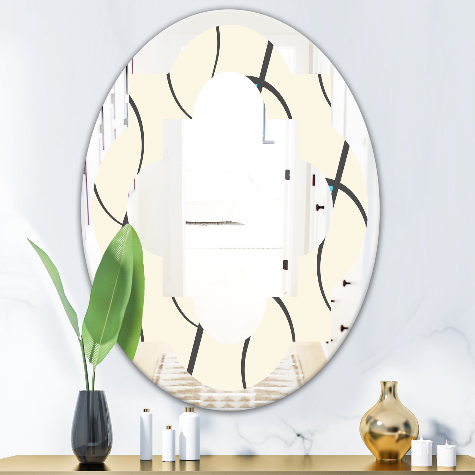 Retro Geometrical Abstract Minimal Pattern I - Modern Round or Oval Wall Mirror - Quatrefoil