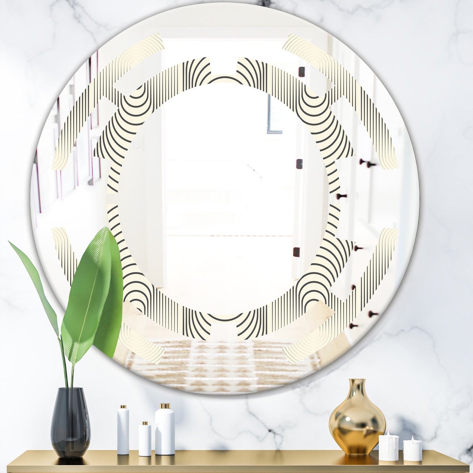 Monochrome Geometric Pattern X - Modern Round or Oval Wall Mirror - Space