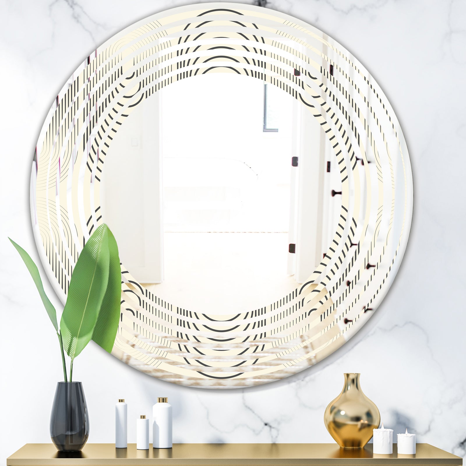 Monochrome Geometric Pattern X - Modern Round or Oval Wall Mirror - Wave