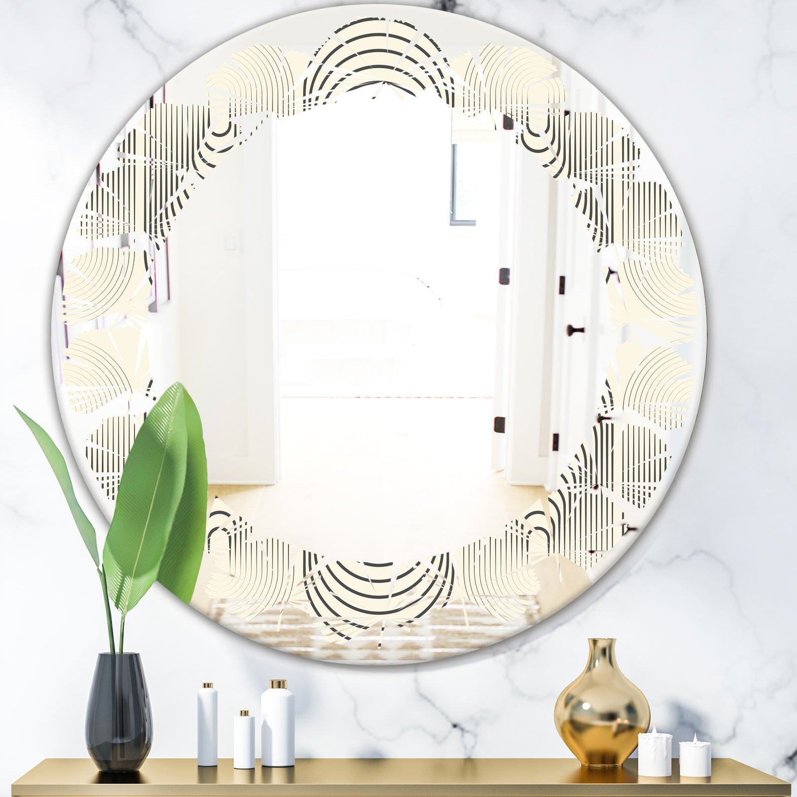 Monochrome Geometric Pattern X - Modern Round or Oval Wall Mirror - Leaves
