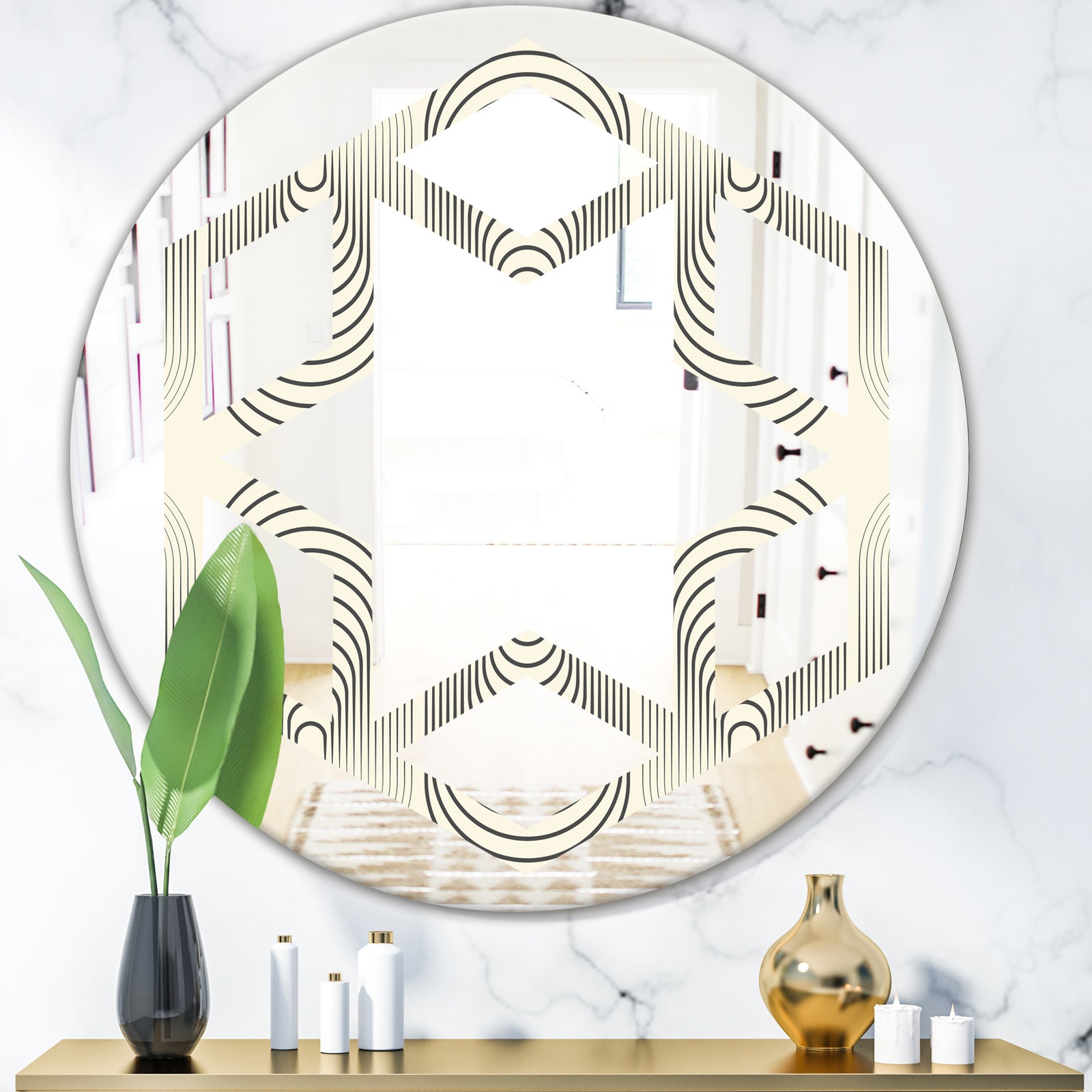 Monochrome Geometric Pattern X - Modern Round or Oval Wall Mirror - Hexagon Star