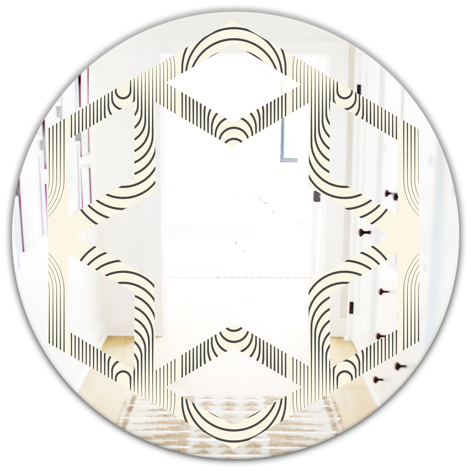 Monochrome Geometric Pattern X - Modern Round or Oval Wall Mirror - Hexagon Star