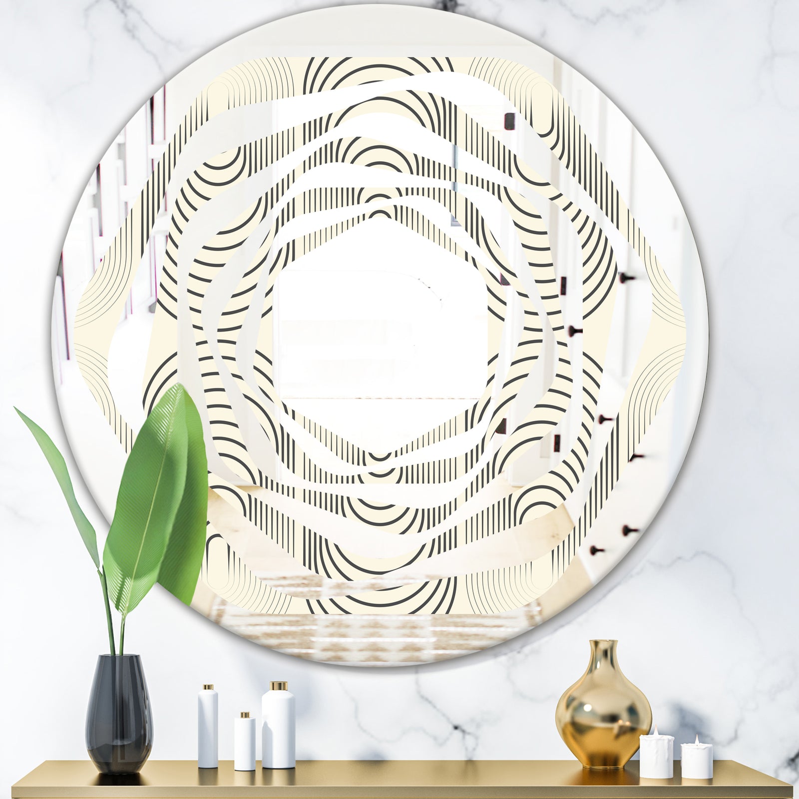 Monochrome Geometric Pattern X - Modern Round or Oval Wall Mirror - Whirl