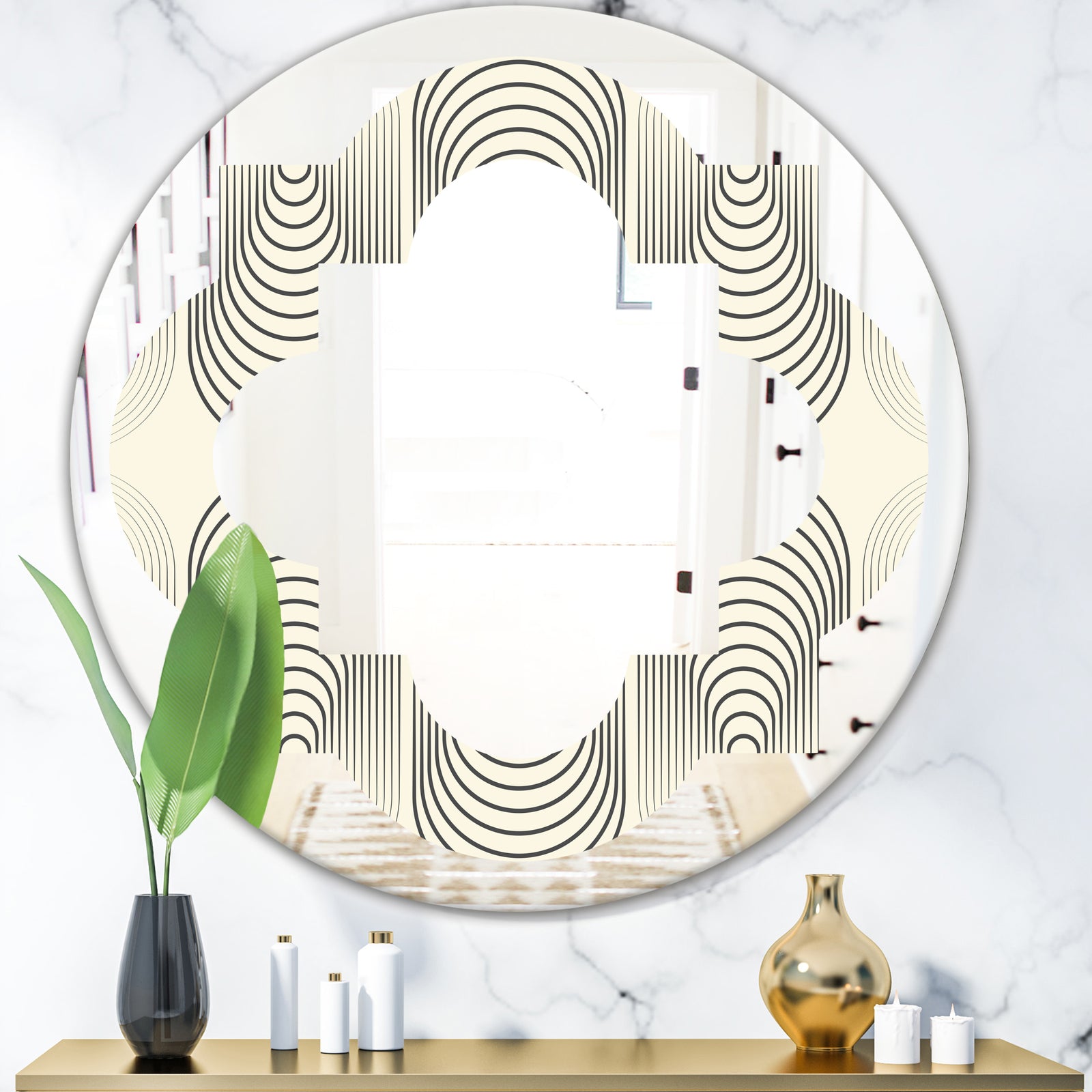 Monochrome Geometric Pattern X - Modern Round or Oval Wall Mirror - Quatrefoil