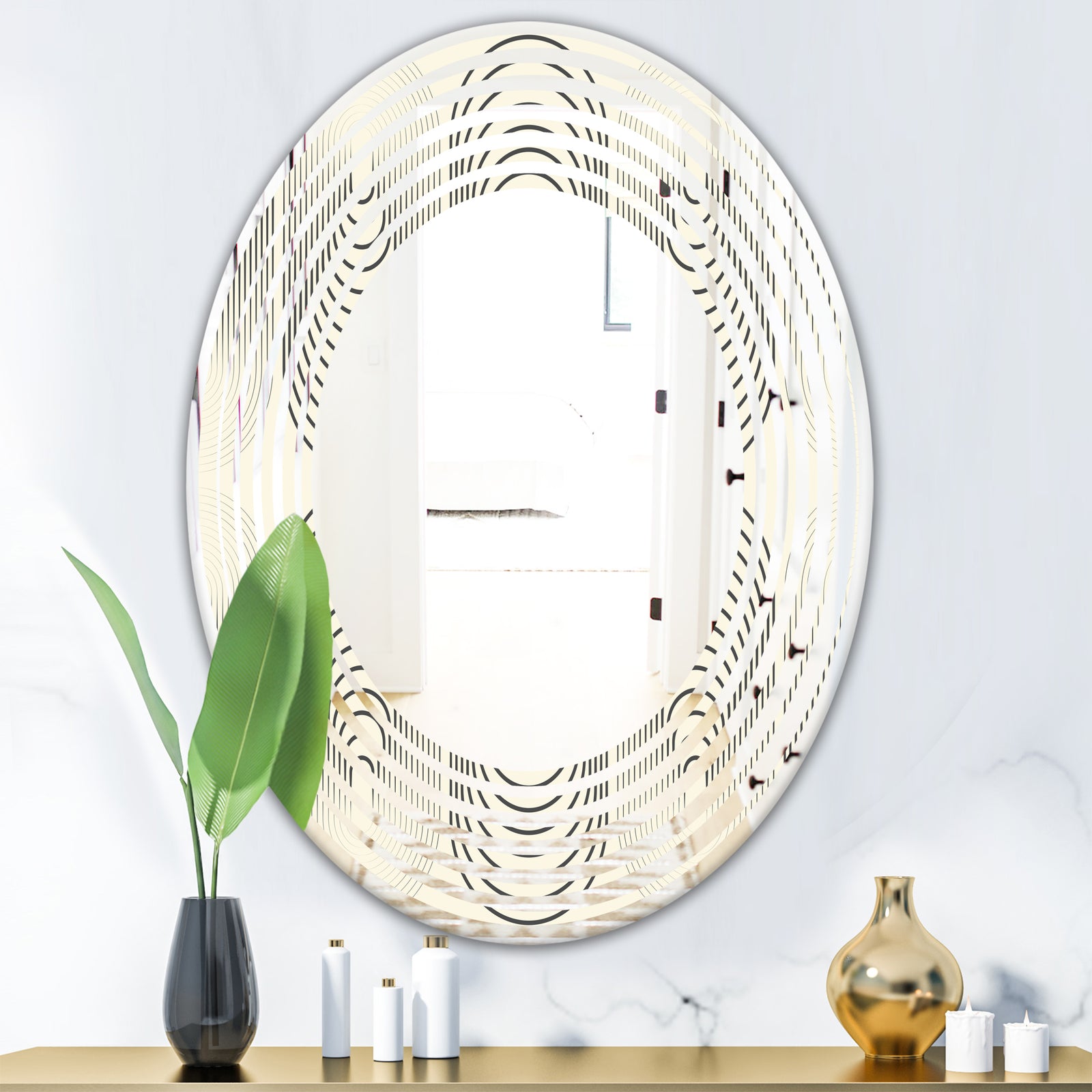 Monochrome Geometric Pattern X - Modern Round or Oval Wall Mirror - Wave
