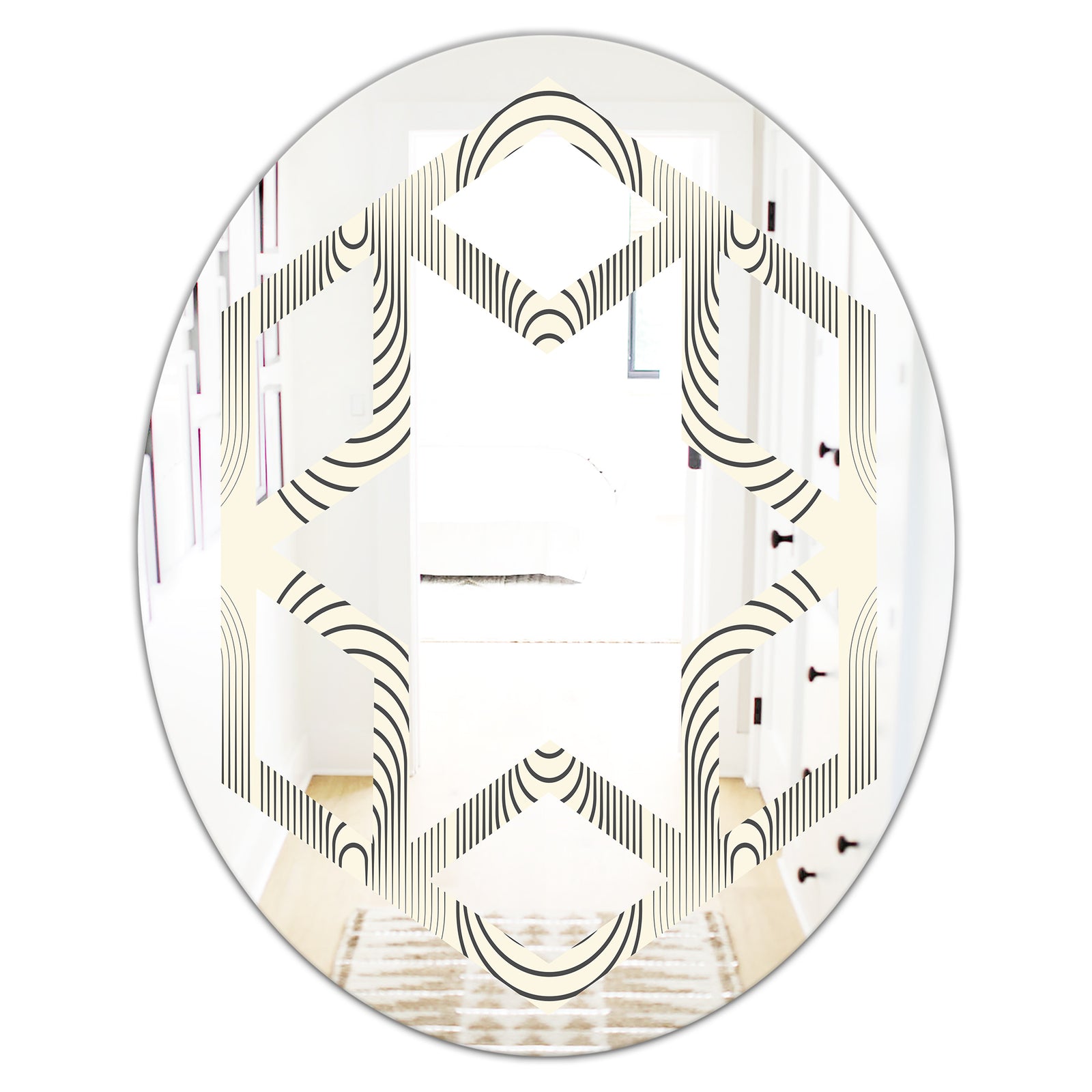 Monochrome Geometric Pattern X - Modern Round or Oval Wall Mirror - Hexagon Star