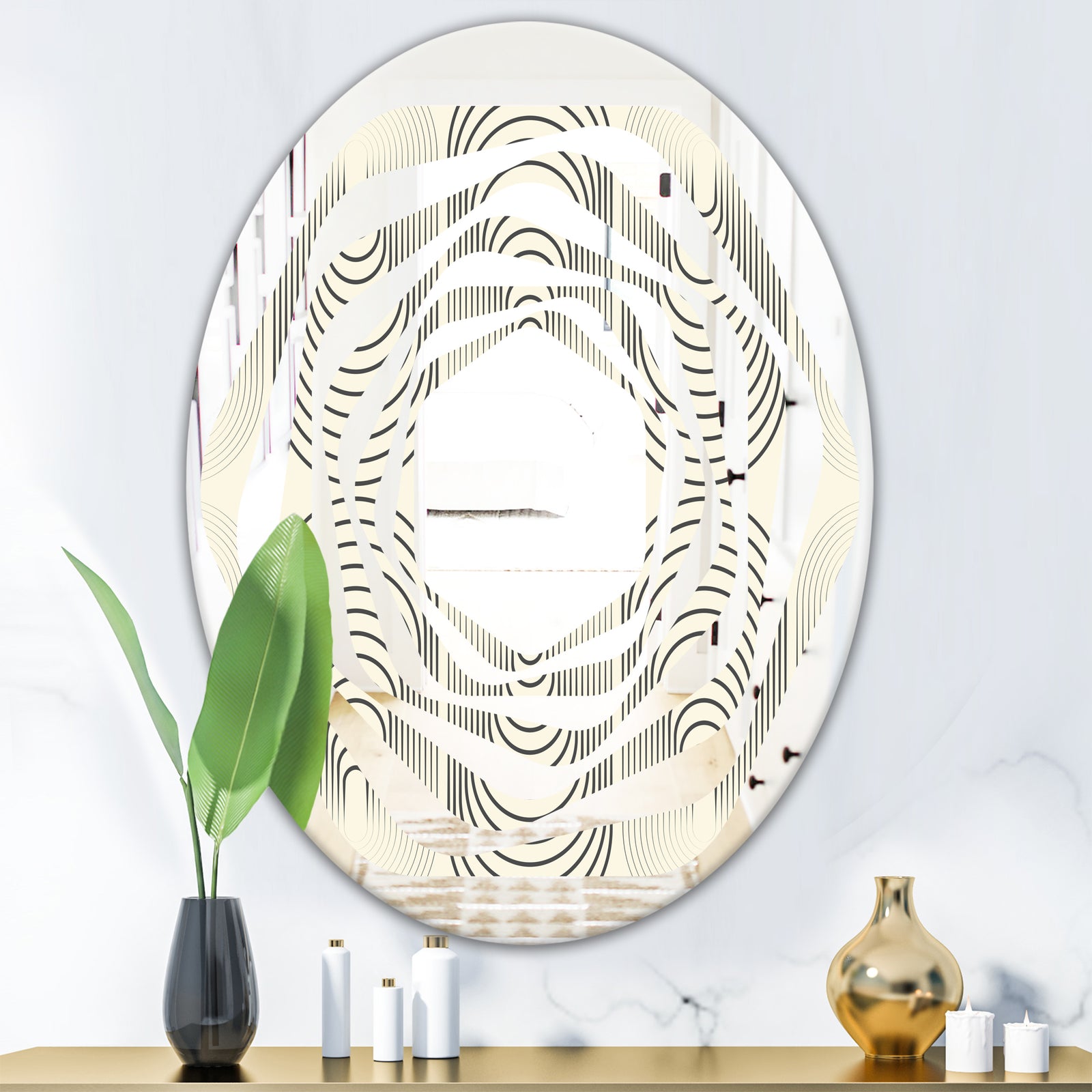 Monochrome Geometric Pattern X - Modern Round or Oval Wall Mirror - Whirl