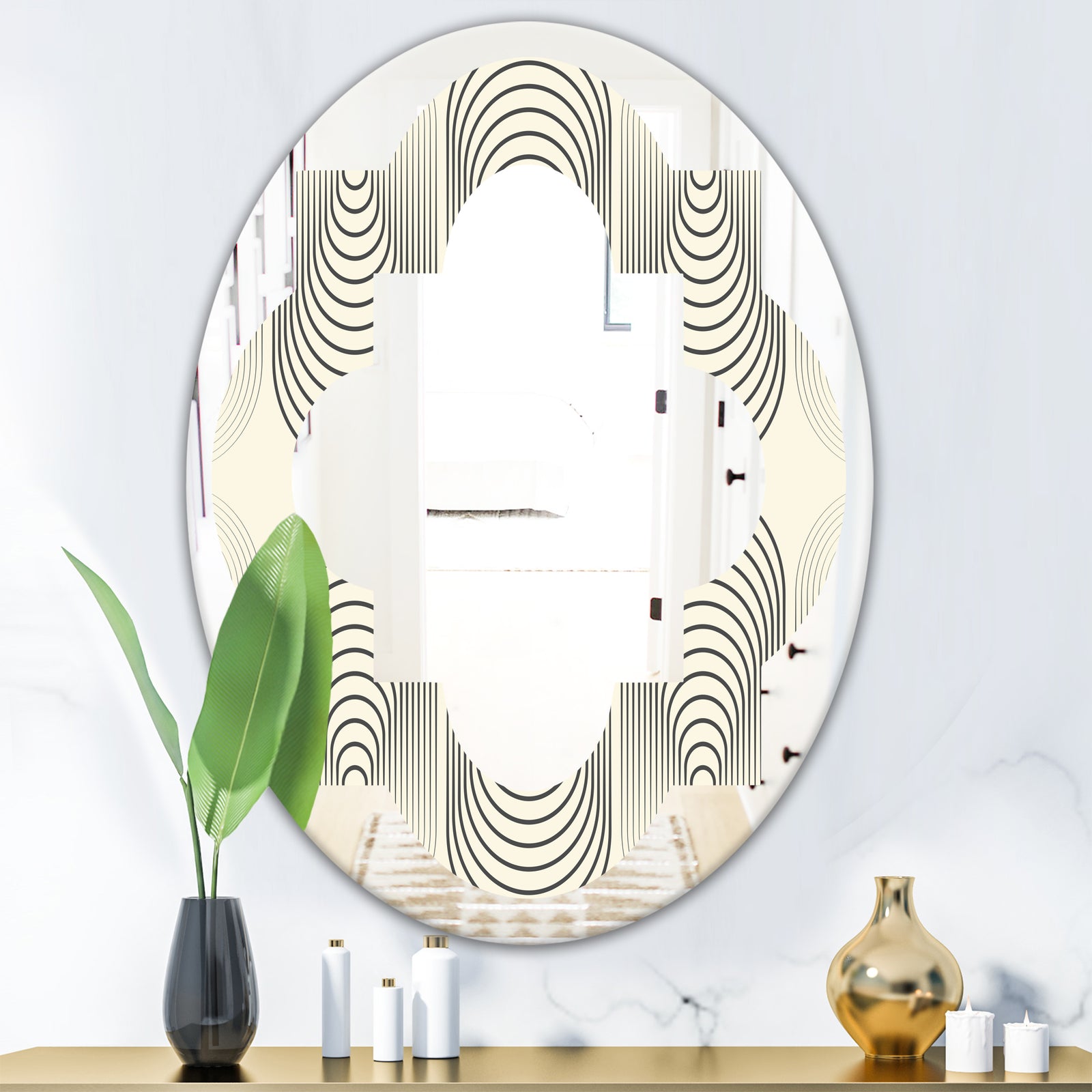 Monochrome Geometric Pattern X - Modern Round or Oval Wall Mirror - Quatrefoil