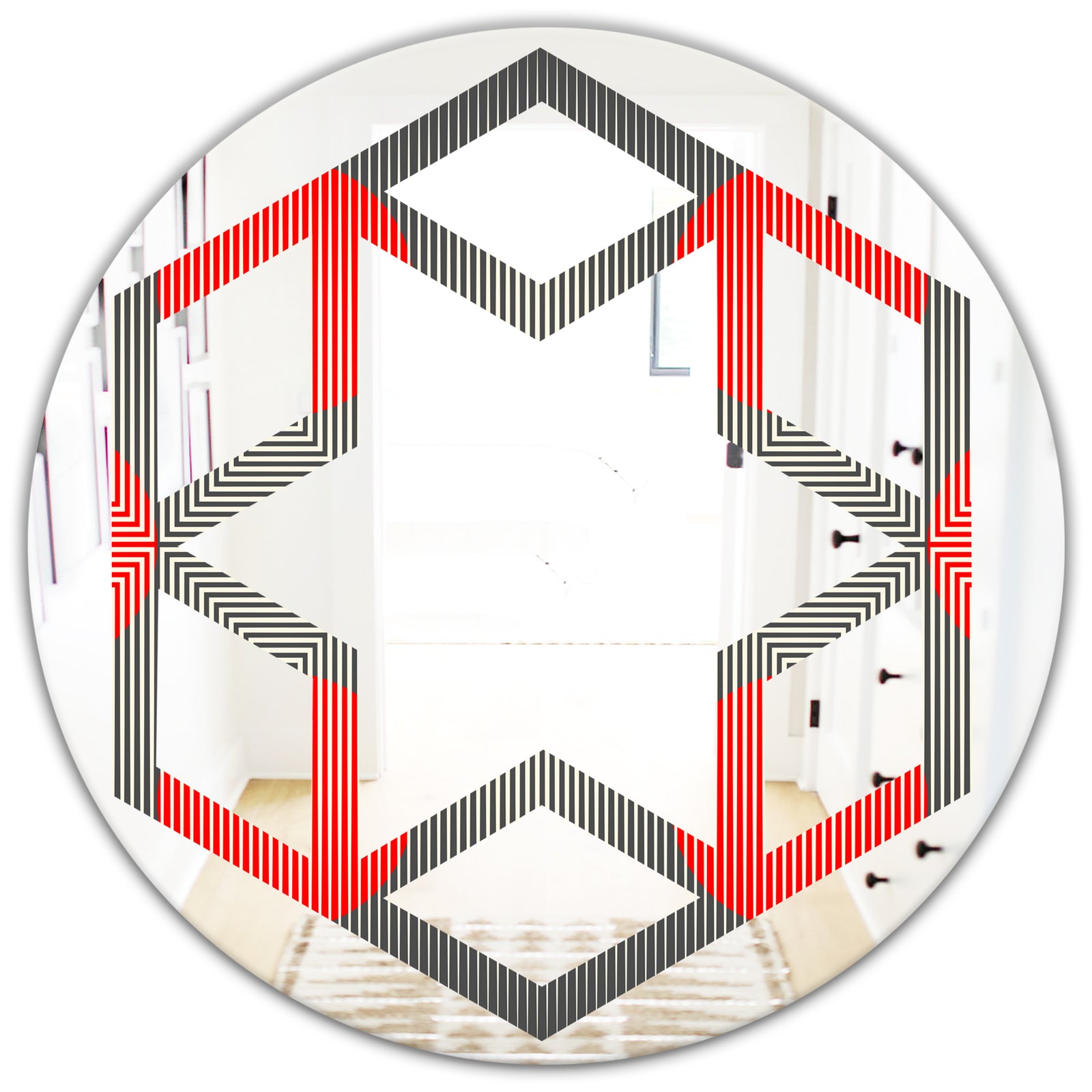Modern Circle and Line Geometric Pattern - Modern Round or Oval Wall Mirror - Hexagon Star