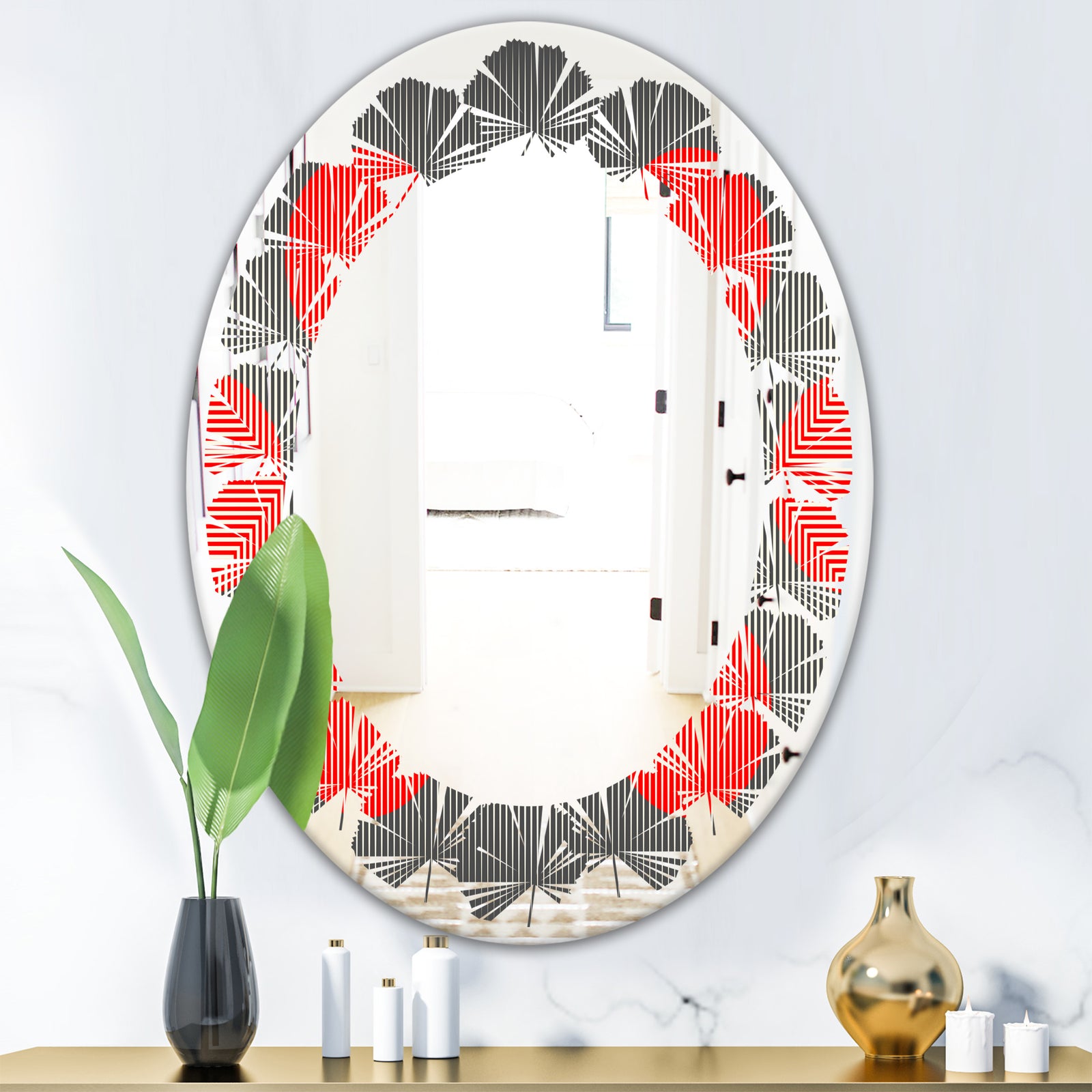 Modern Circle and Line Geometric Pattern - Modern Round or Oval Wall Mirror - Leaves