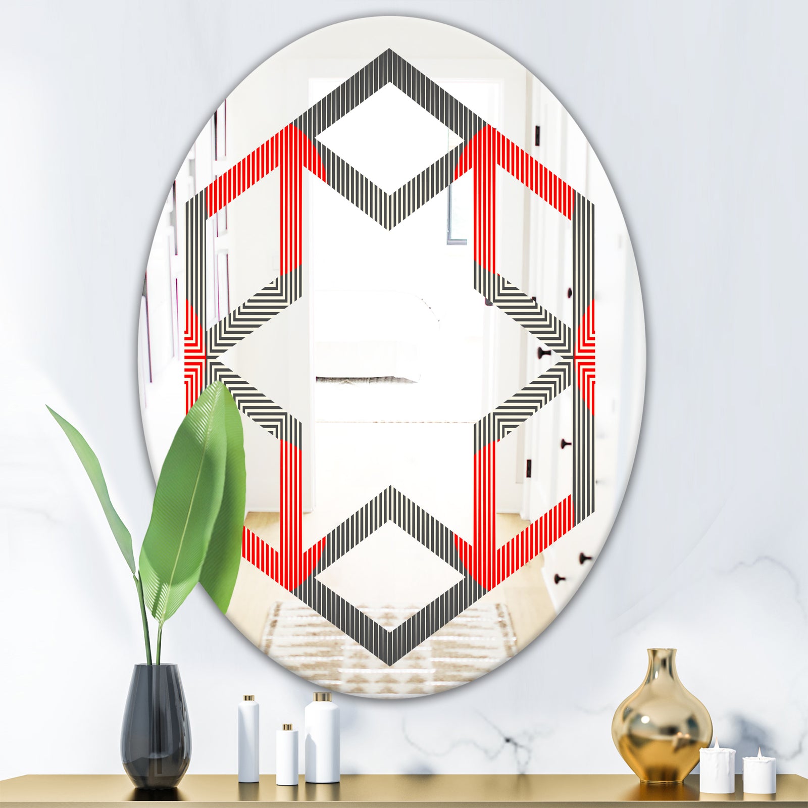 Modern Circle and Line Geometric Pattern - Modern Round or Oval Wall Mirror - Hexagon Star