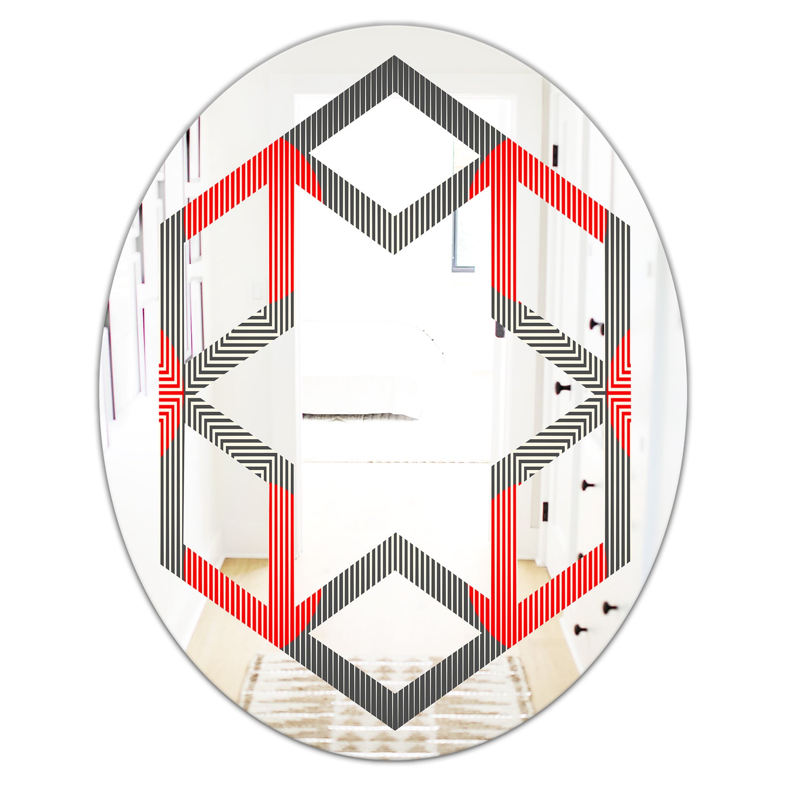 Modern Circle and Line Geometric Pattern - Modern Round or Oval Wall Mirror - Hexagon Star