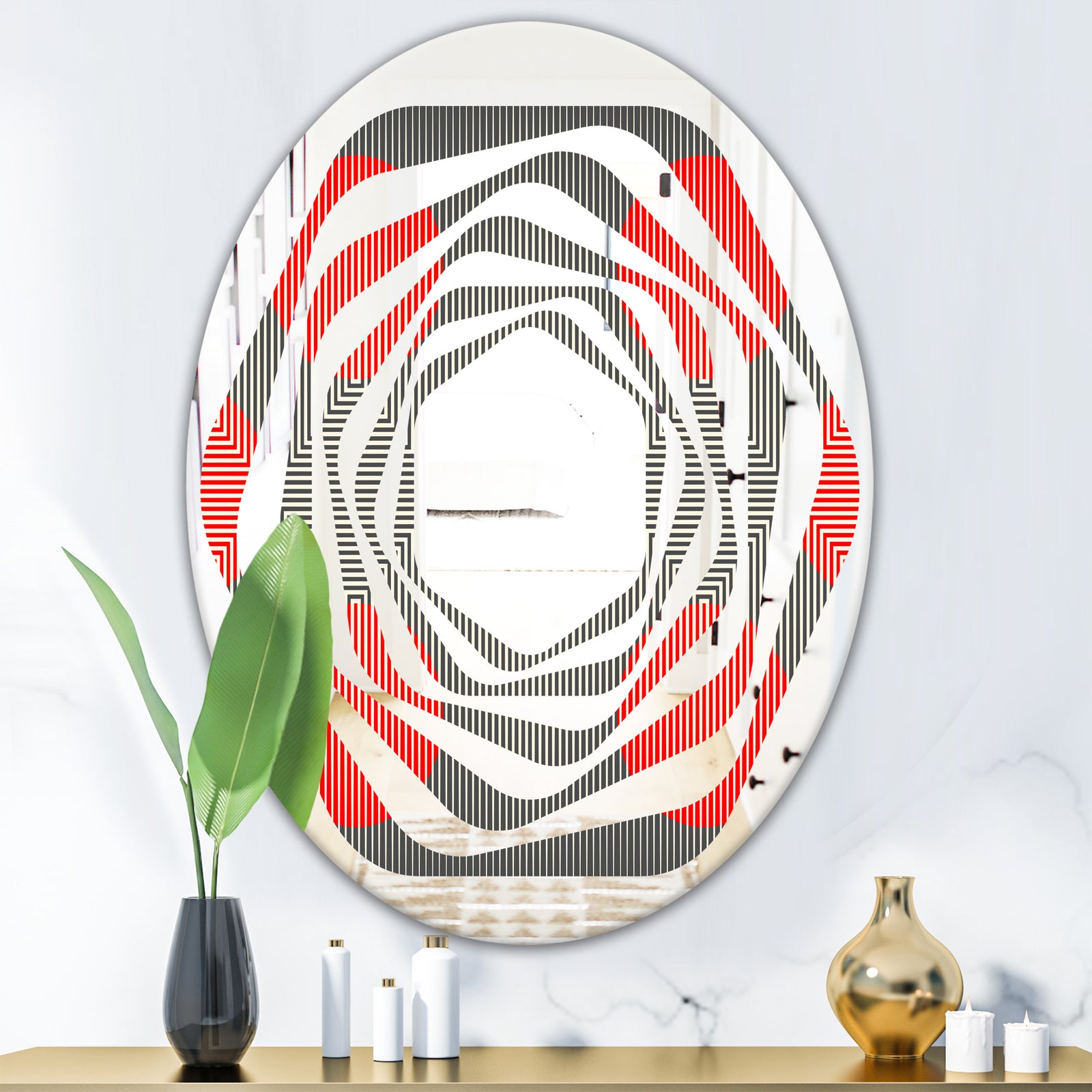 Modern Circle and Line Geometric Pattern - Modern Round or Oval Wall Mirror - Whirl