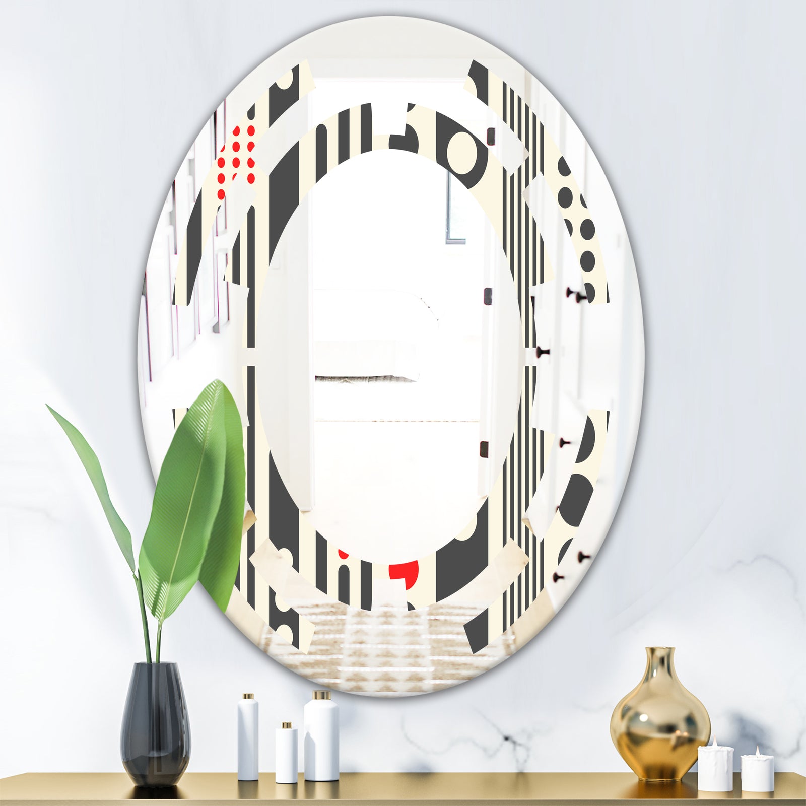 Retro Geometrical Abstract Minimal Pattern II - Modern Round or Oval Wall Mirror - Space