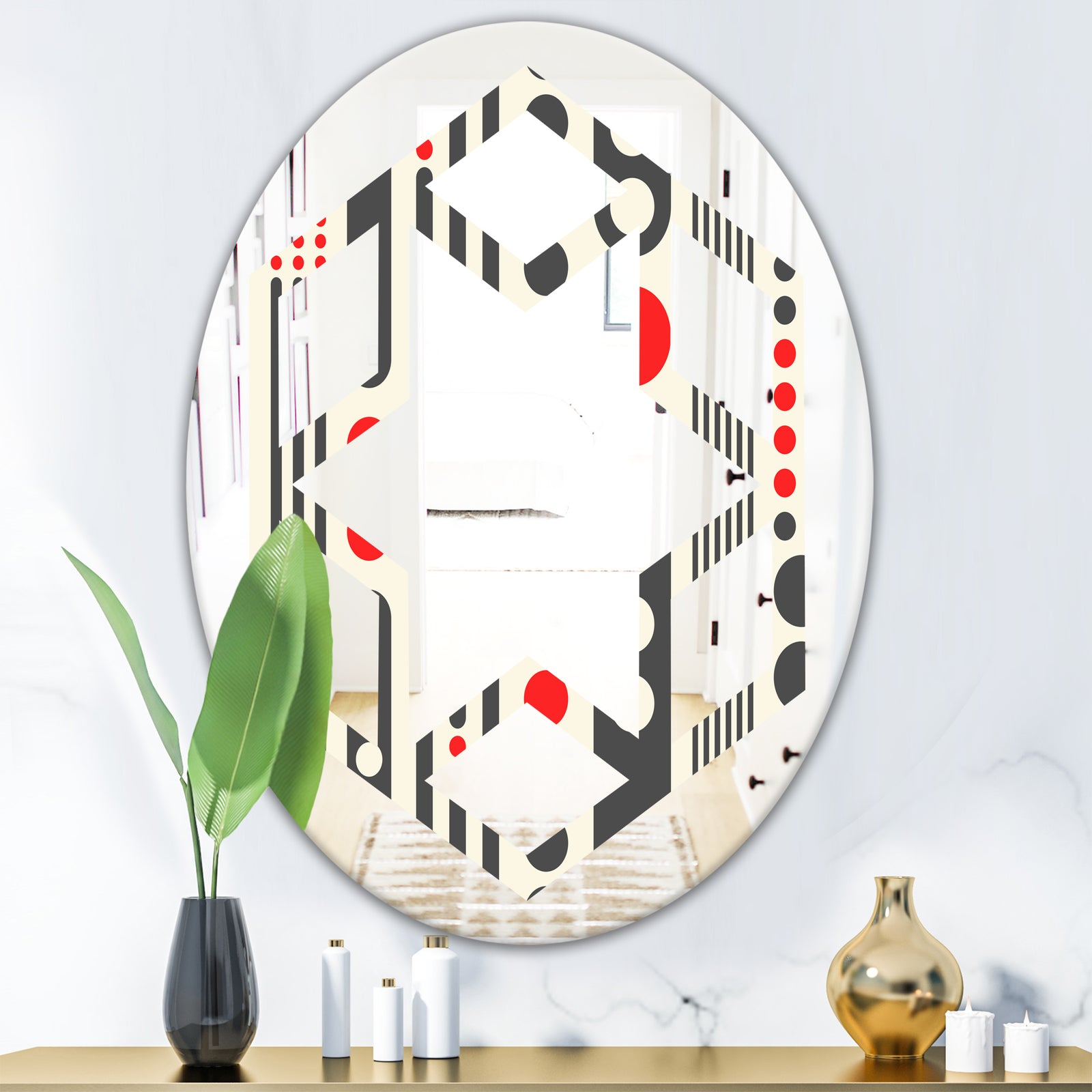 Retro Geometrical Abstract Minimal Pattern II - Modern Round or Oval Wall Mirror - Hexagon Star