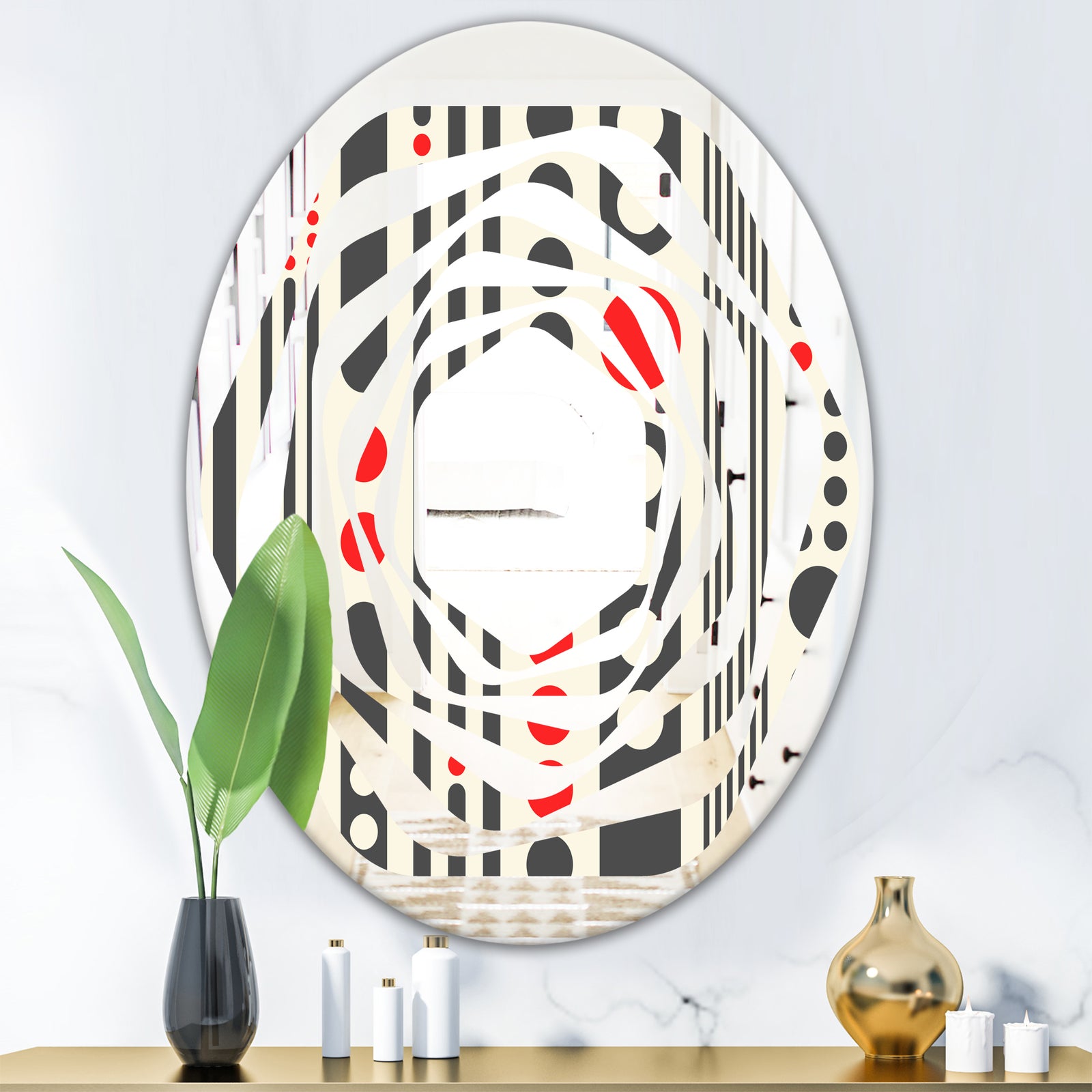 Retro Geometrical Abstract Minimal Pattern II - Modern Round or Oval Wall Mirror - Whirl