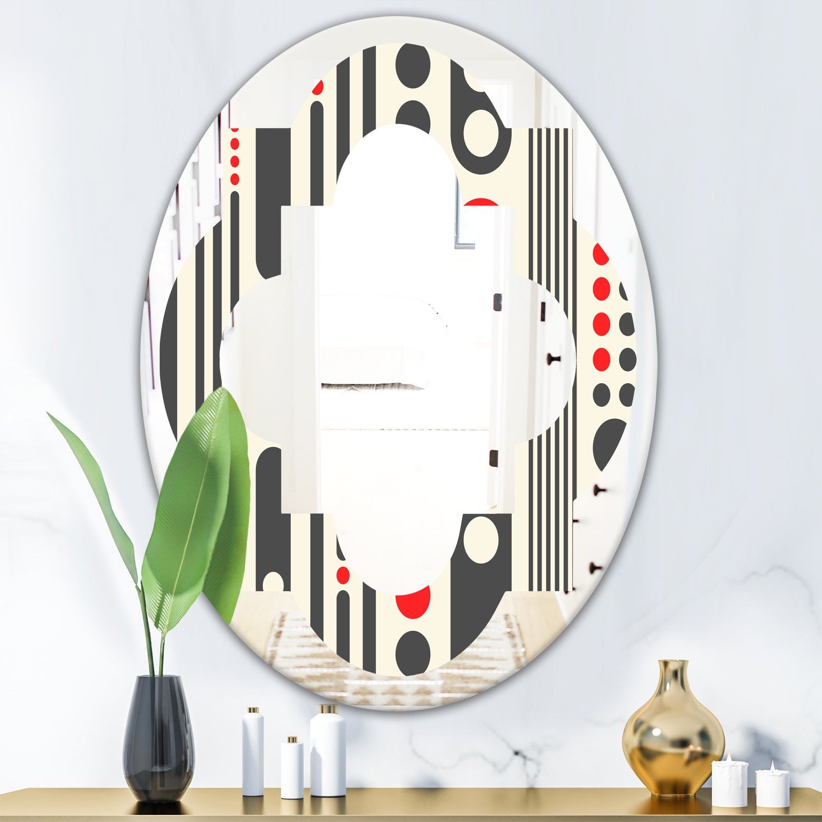 Retro Geometrical Abstract Minimal Pattern II - Modern Round or Oval Wall Mirror - Quatrefoil