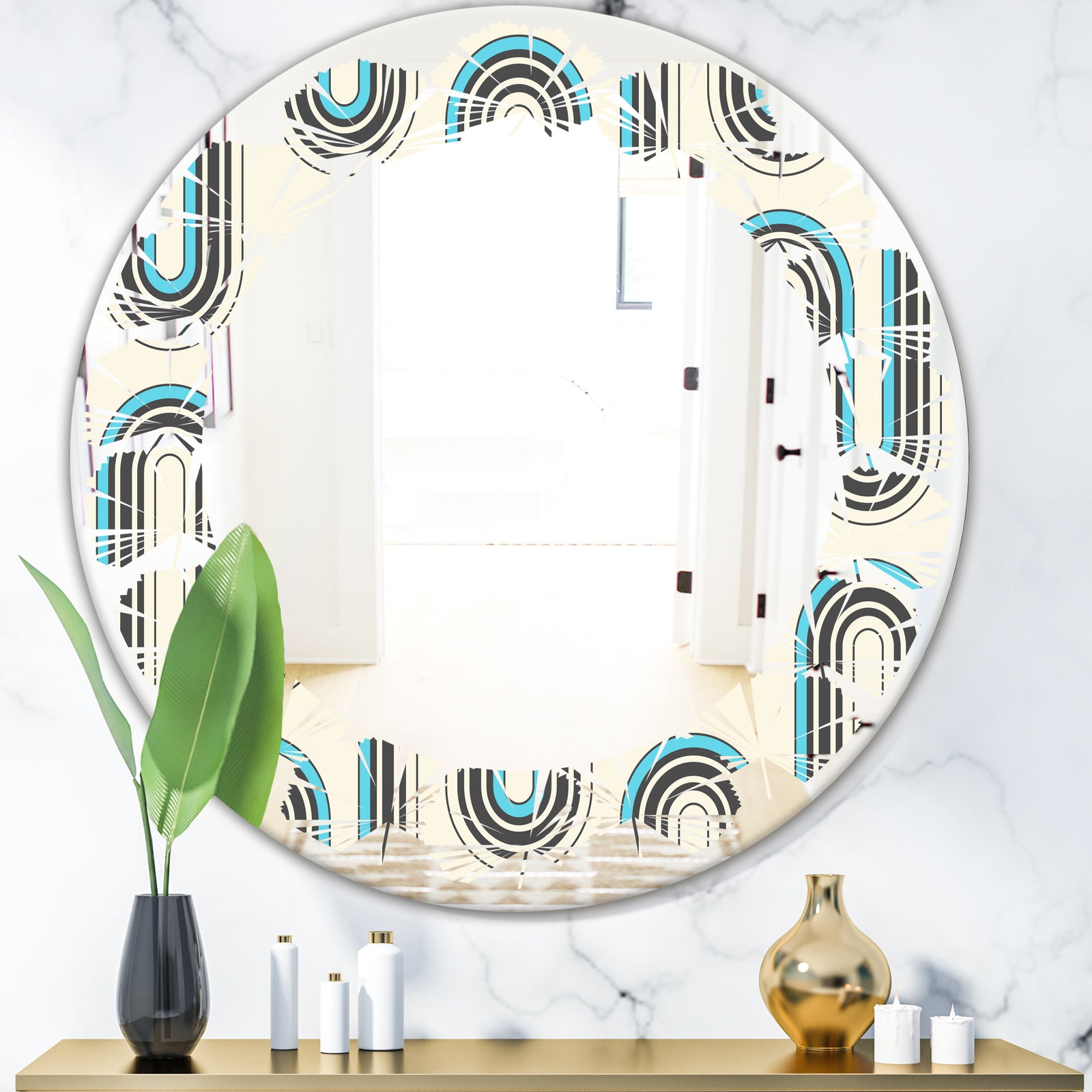 Retro Geometrical Abstract Minimal Pattern IV - Modern Round or Oval Wall Mirror - Leaves